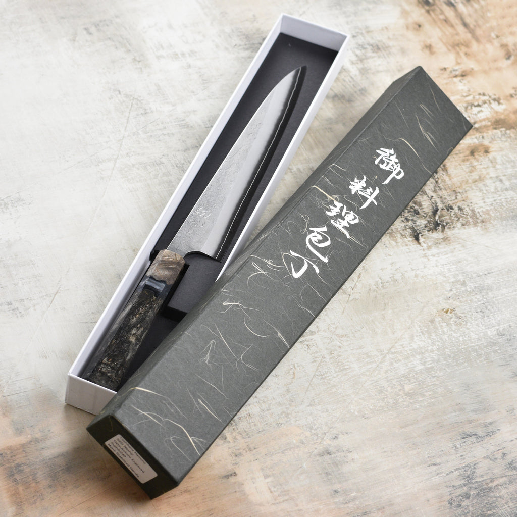 Yoshikane SKD Nashiji Stainless Clad 9.4" Sujihiki, Stabilized Birch