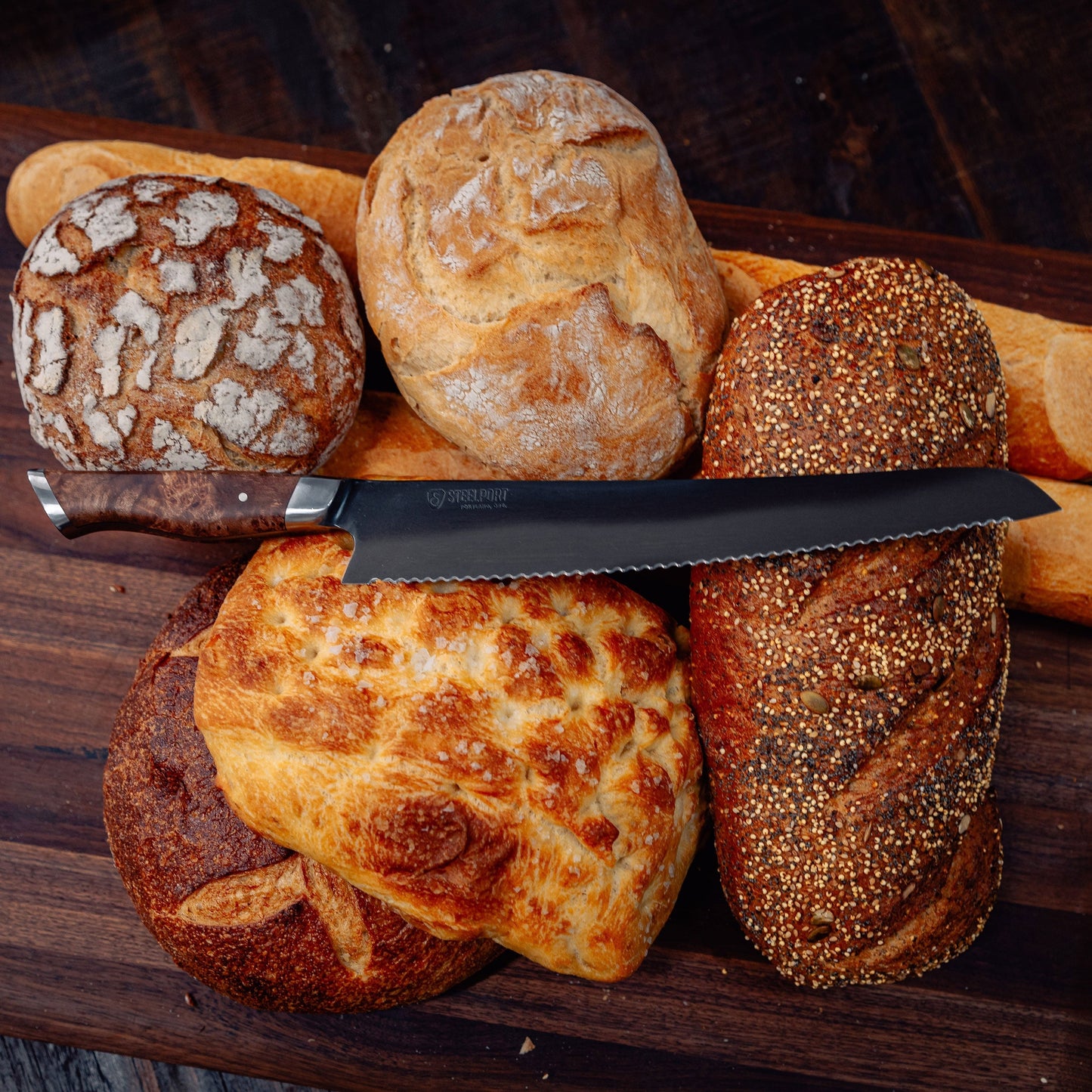 Steelport Carbon Steel 10" Bread Knife with Oregon Maple Magnetic Sheath