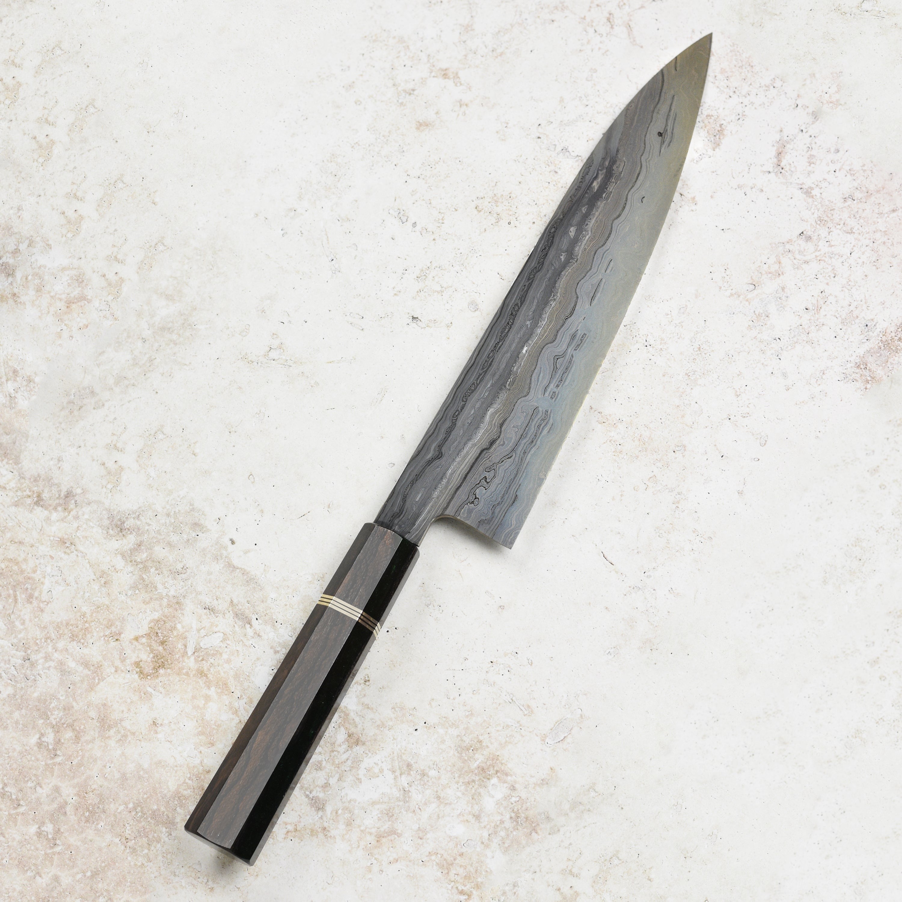 Shoichi Hashimoto Tatsuse Aogami #2 + Shirogami #2 Coreless Damascus 9.4" Gyuto