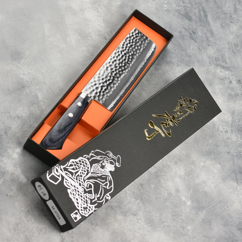 Masutani VG10 Hammered Damascus 6.7" Tall Nakiri, Blue Handle