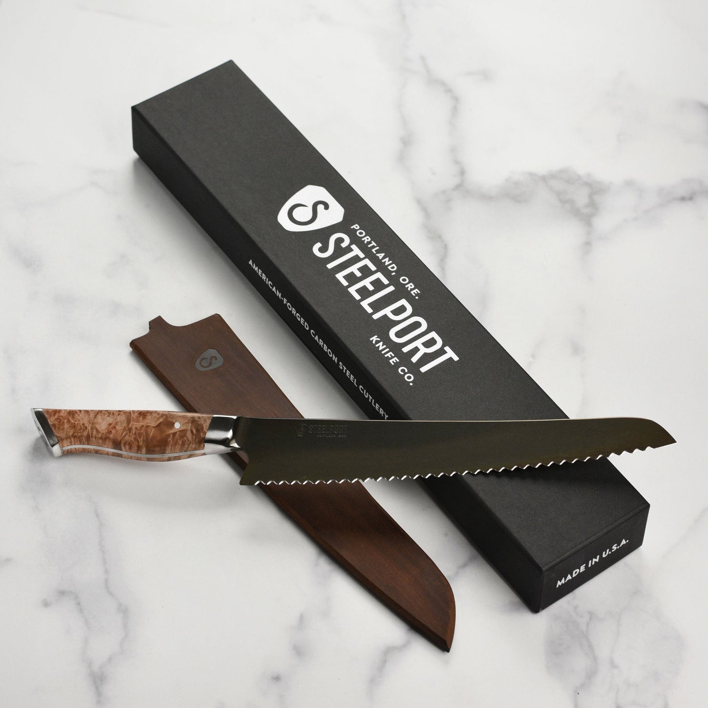 Steelport Carbon Steel 10" Bread Knife with Oregon Maple Magnetic Sheath