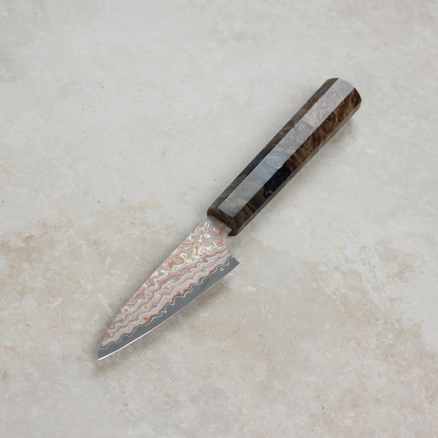 Saji Rainbow Damascus Nashiji 3.5" Petty, Stabilized Birch