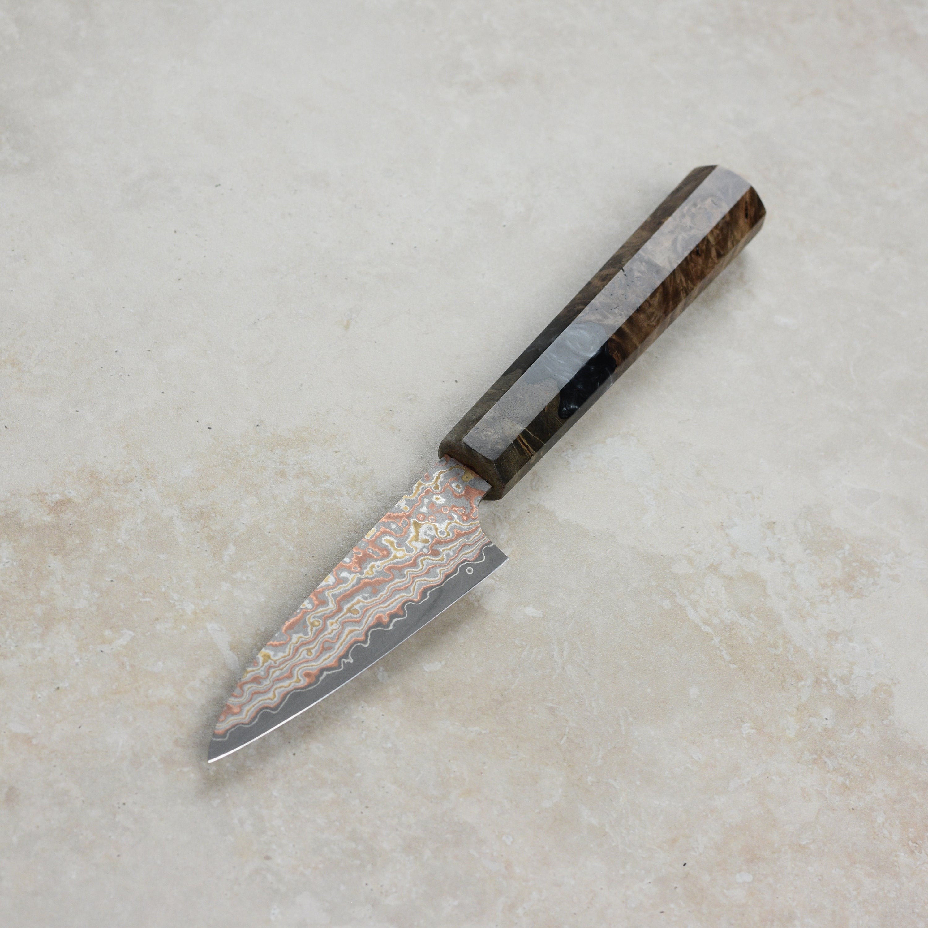 Saji Rainbow Damascus Nashiji 3.5" Petty, Stabilized Birch