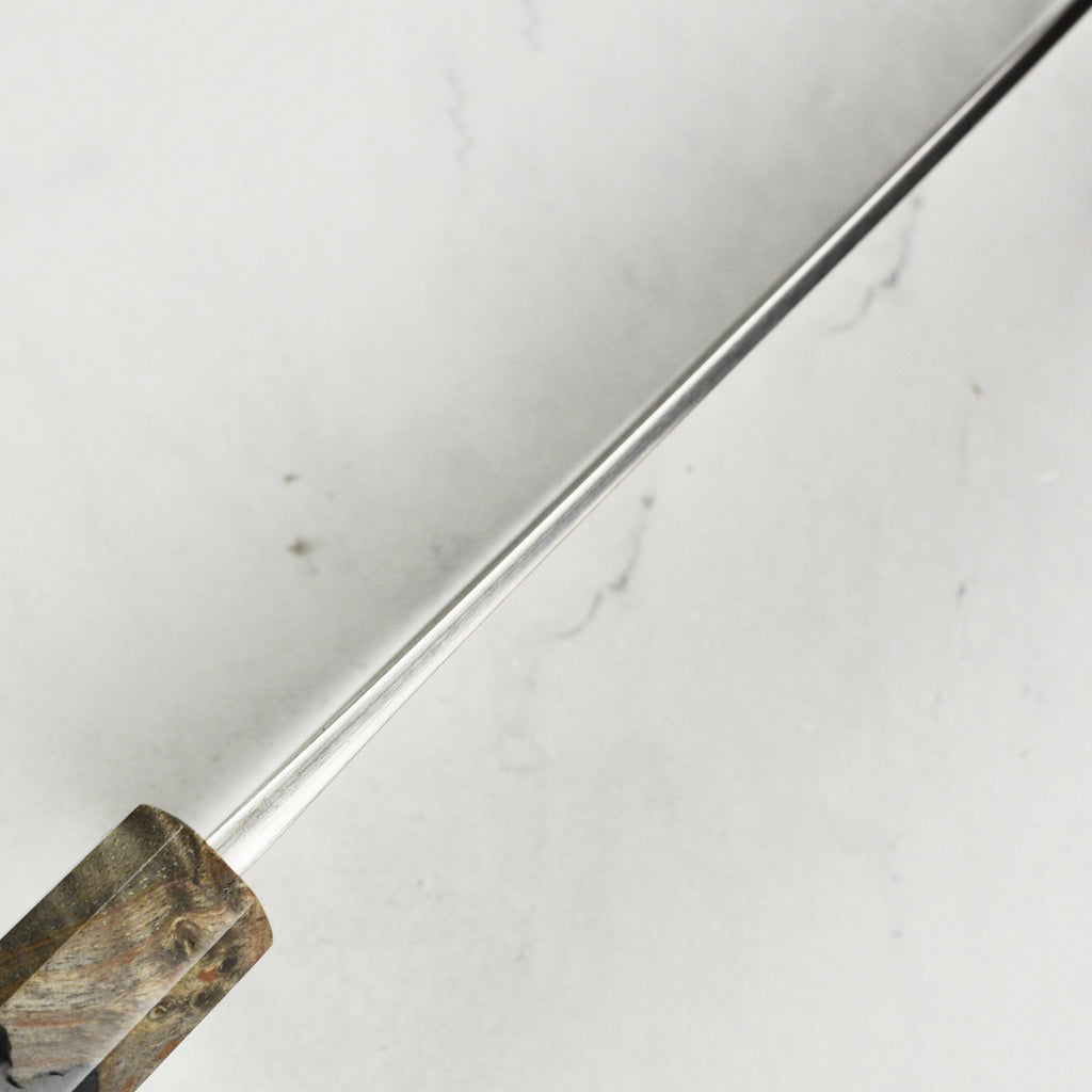 Yoshikane Shirogami #2 Kurouchi Stainless Clad 6.5" Santoku, Stabilized Birch