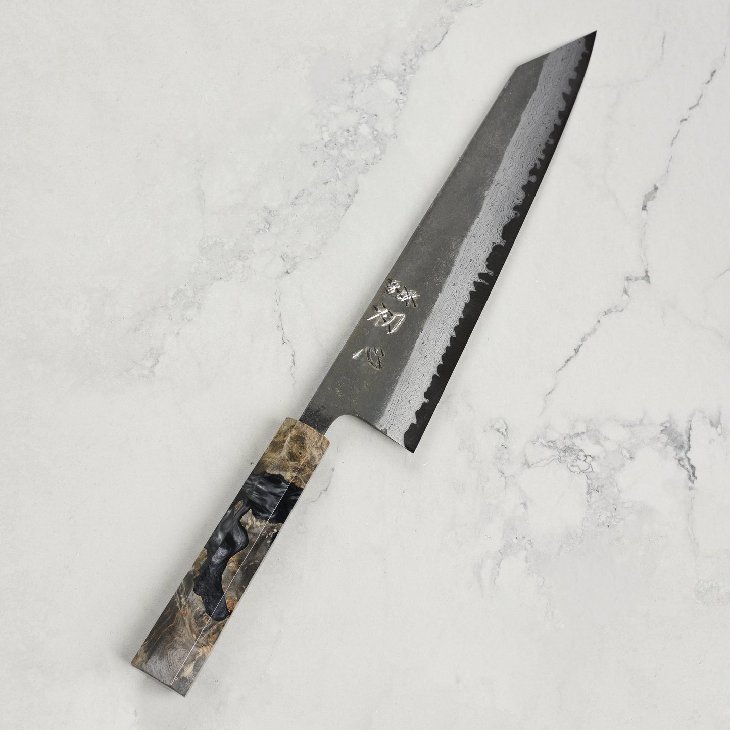 Hatsukokoro Shinkiro Aogami Super Kurouchi Damascus 9.4" Kiritsuke, Stabilized Birch