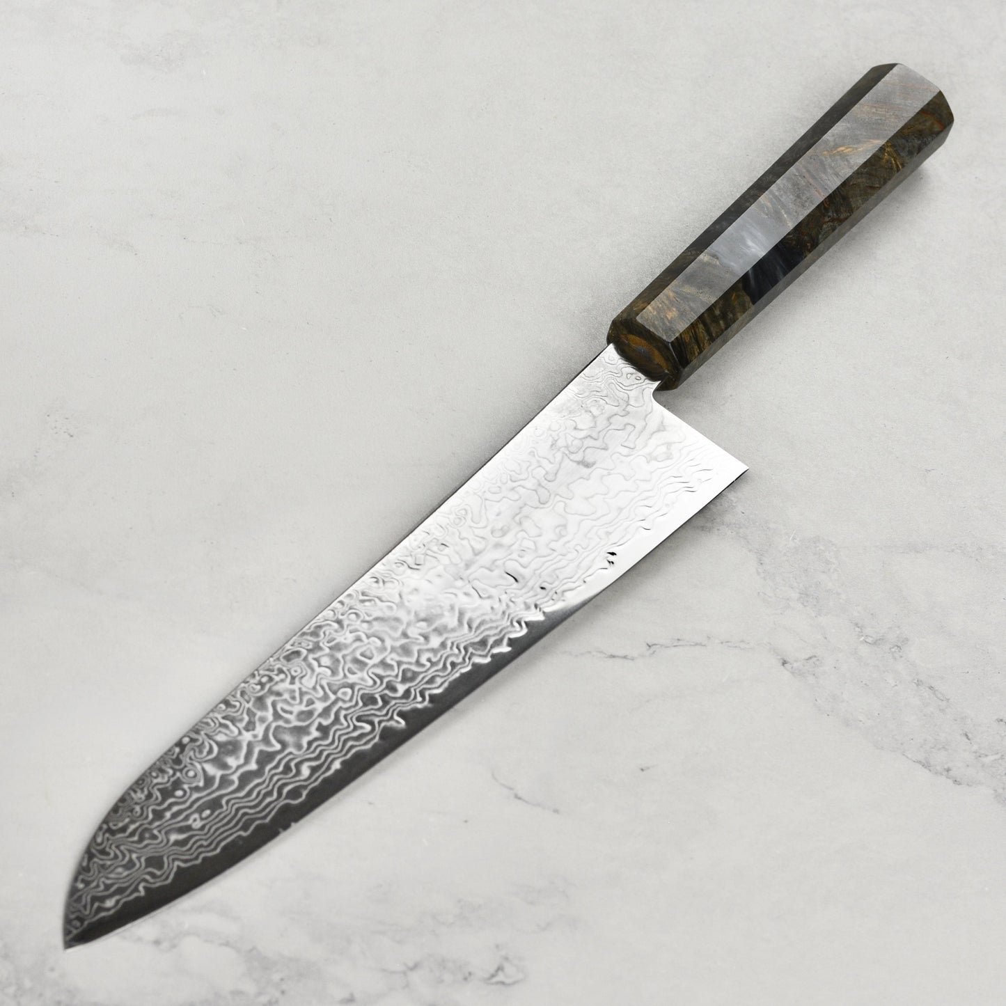 Hatsukokoro Ryuhyo SG2 Damascus 9.4" Gyuto, Stabilized Birch