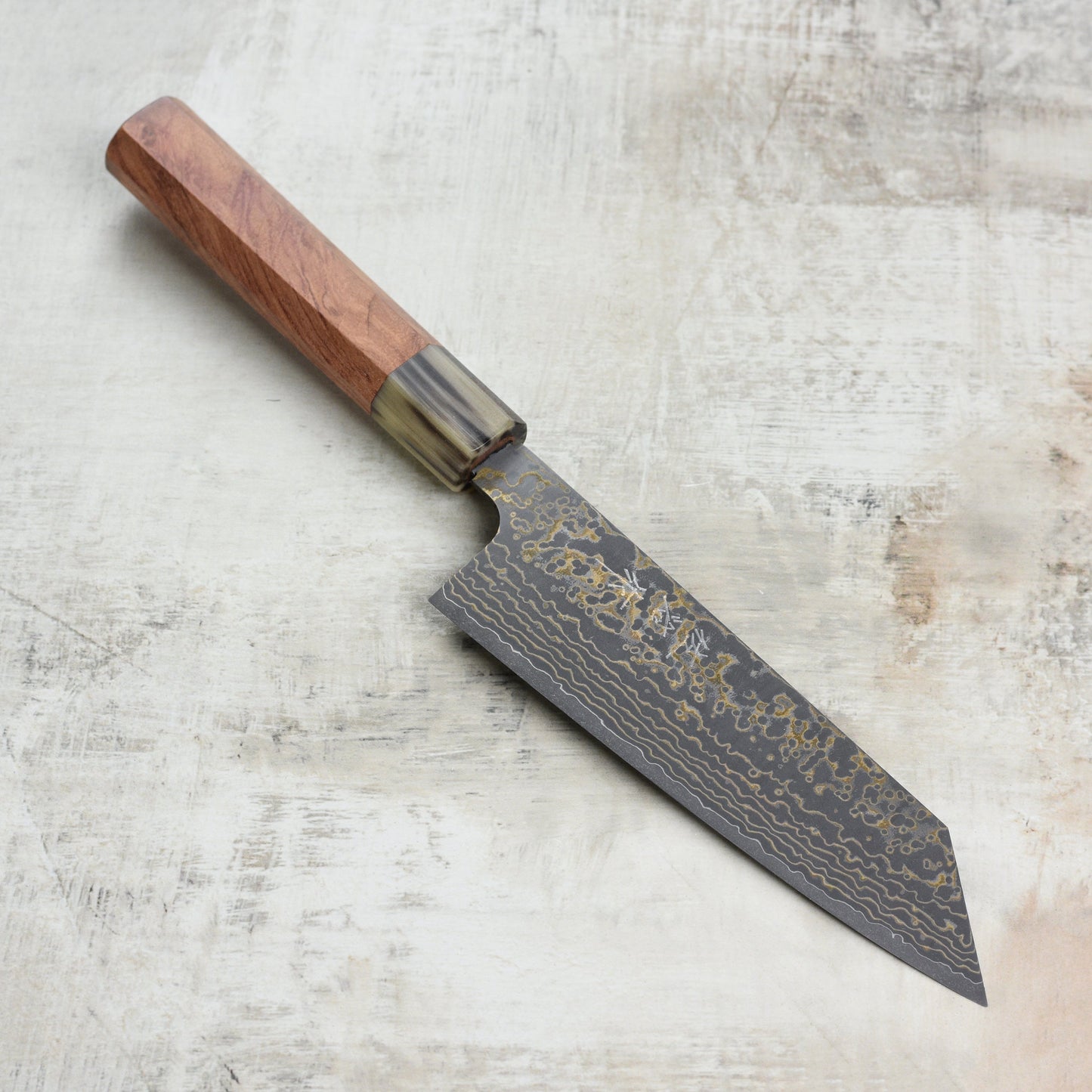Saji Black Gold Damascus 6.7" Bunka, Quince Wood