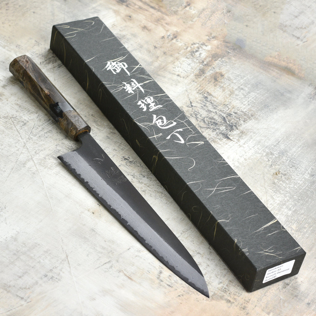 Hatsukokoro Shinkiro Aogami Super Kurouchi Damascus 9.4" Gyuto, Stabilized Birch