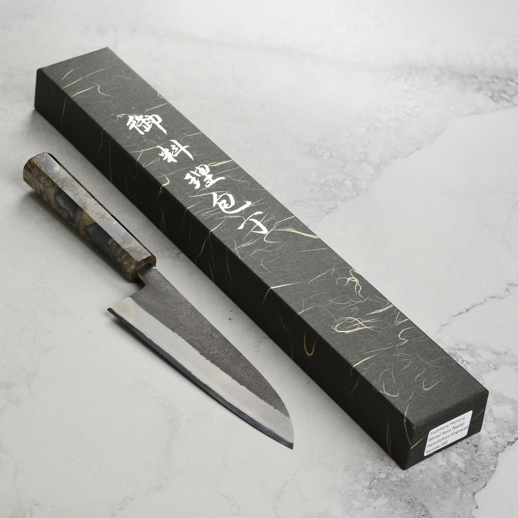 Yoshikane Shirogami #2 Kurouchi Stainless Clad 6.5" Santoku, Stabilized Birch