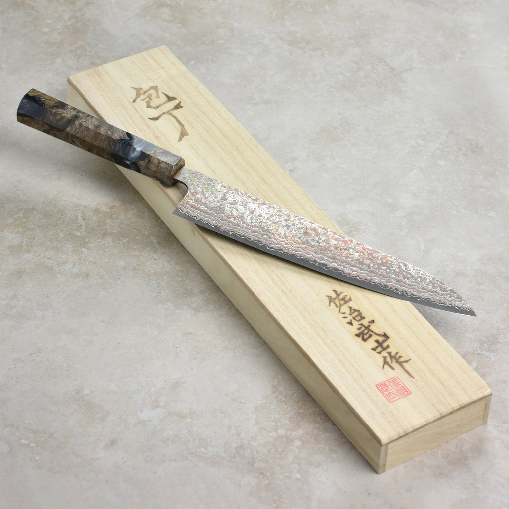 Saji Rainbow Damascus Nashiji 9.4" Gyuto, Stabilized Birch