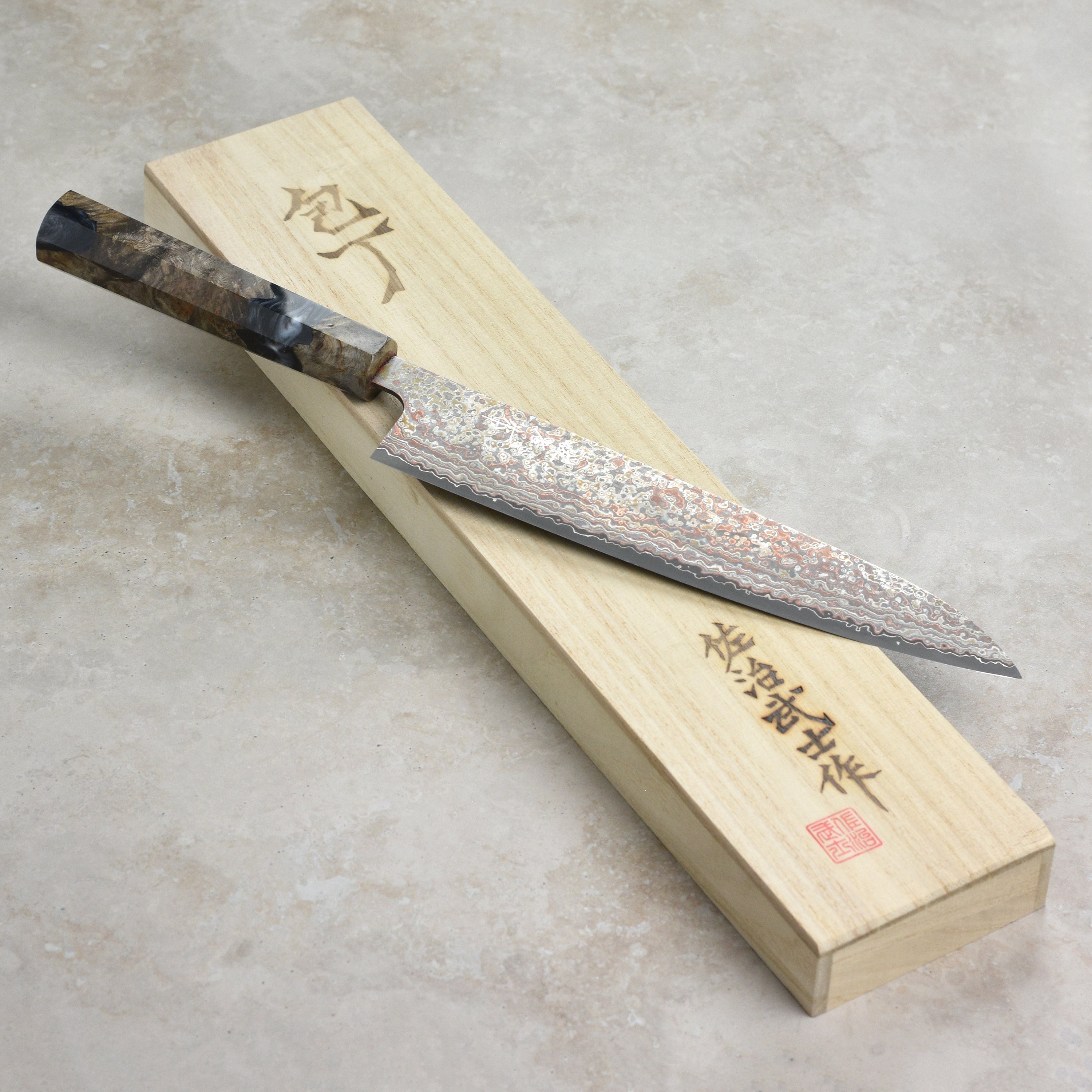 Saji Rainbow Damascus Nashiji 9.4" Gyuto, Stabilized Birch