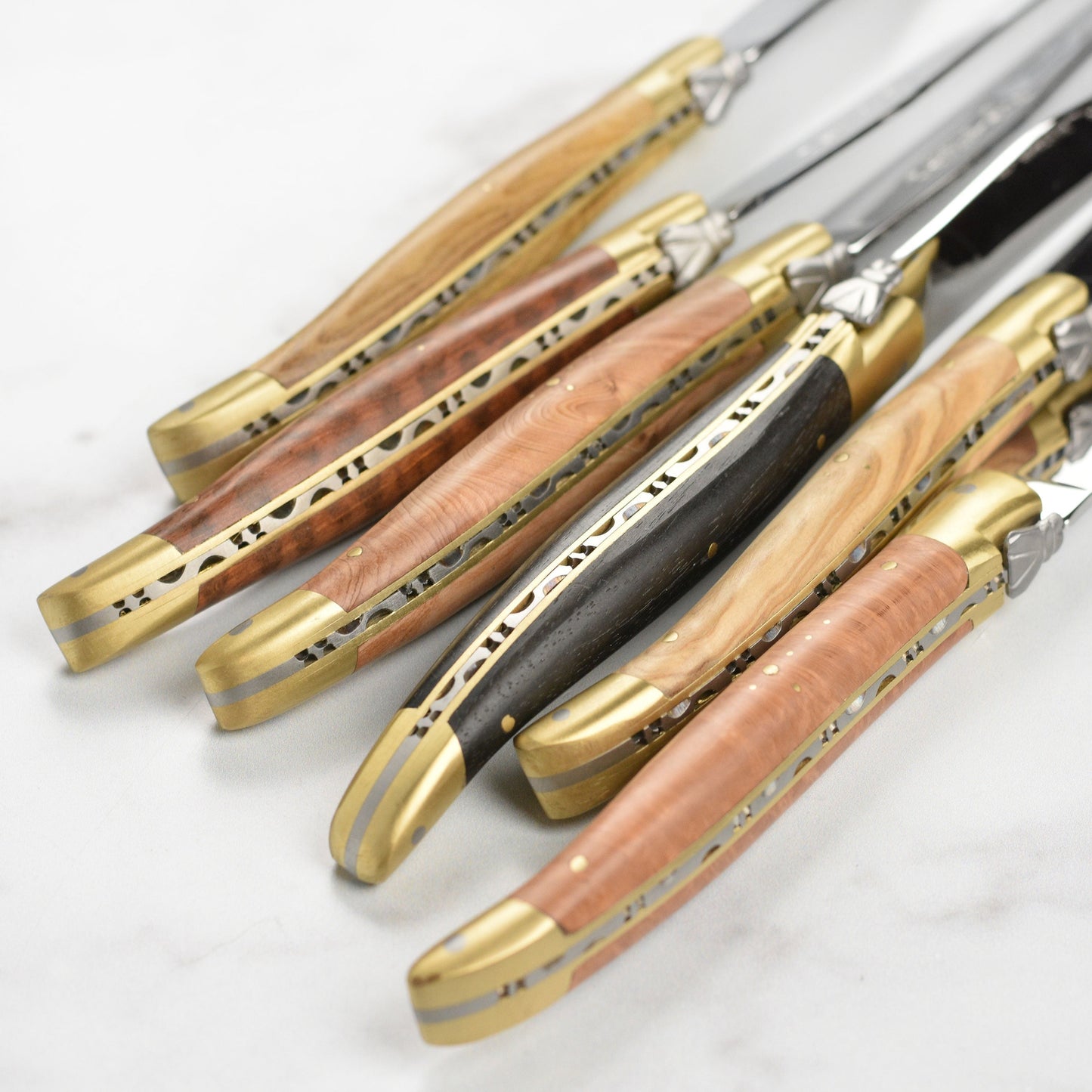Laguiole en Aubrac 6 Piece Steak Knife Set with Burl Mixed Wood Handles & Brass Bolsters