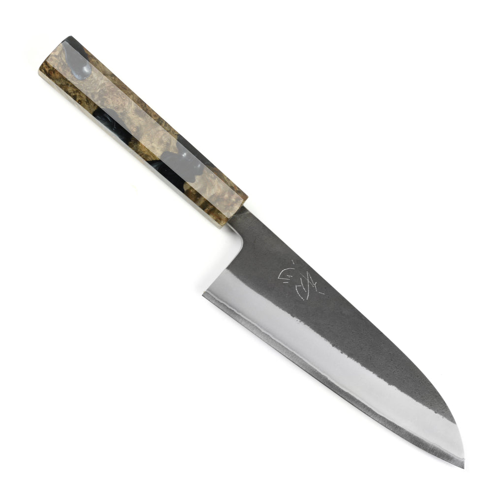 Yoshikane Shirogami #2 Kurouchi Stainless Clad 6.5" Santoku, Stabilized Birch