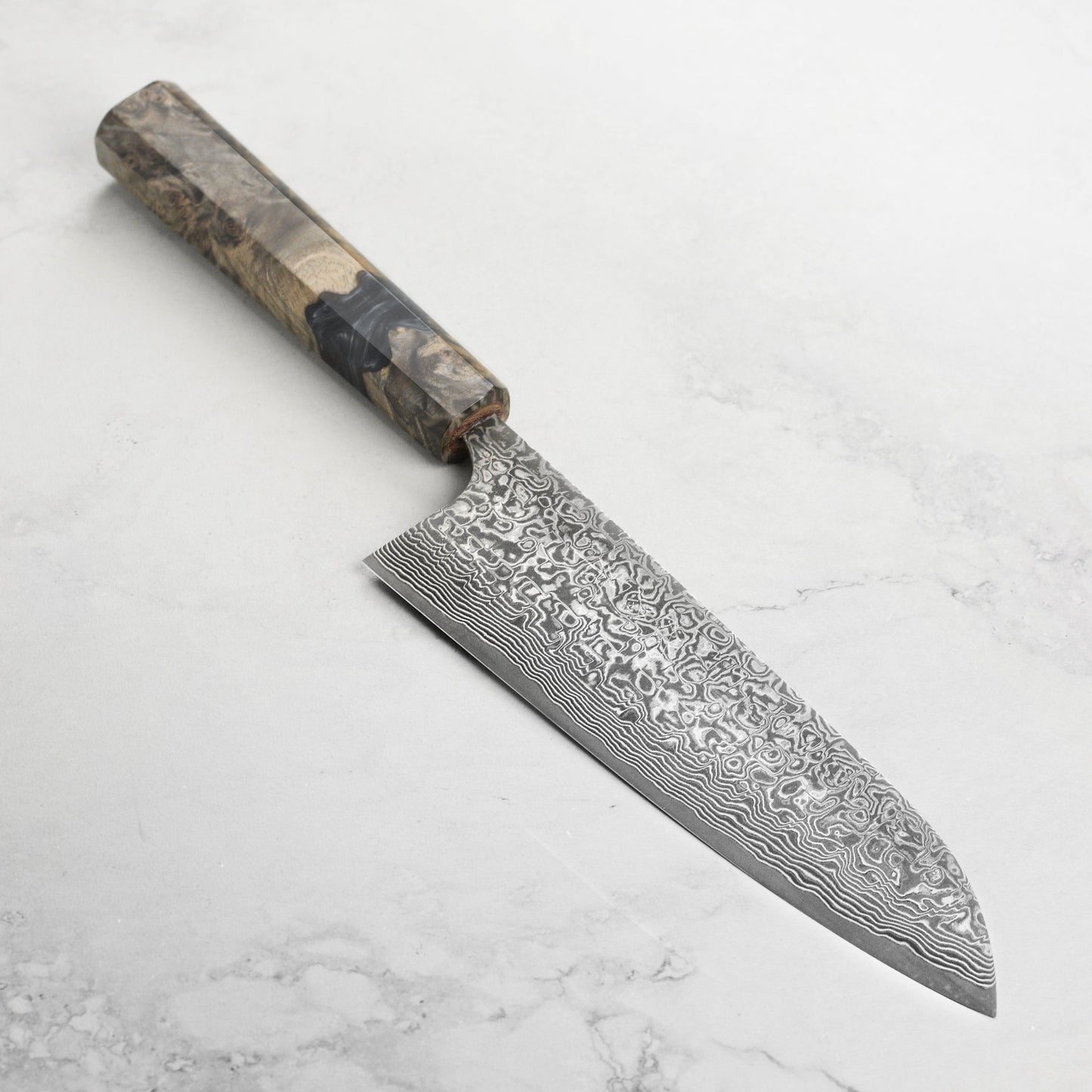 Saji SG2 Black Damascus 7" Santoku, Stabilized Birch