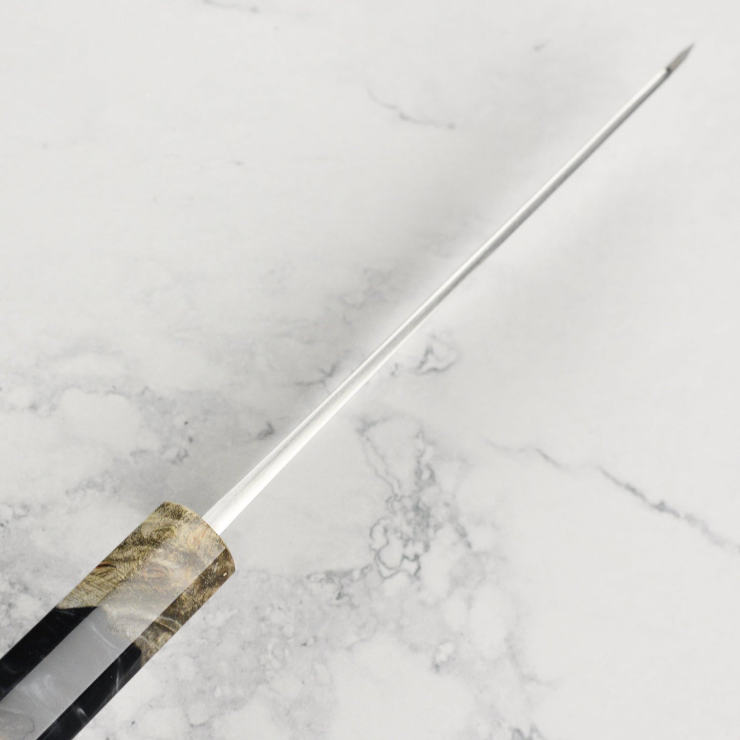 Yoshikane Shirogami #2 Kurouchi Stainless Clad 5.9" Honesuki, Stabilized Birch