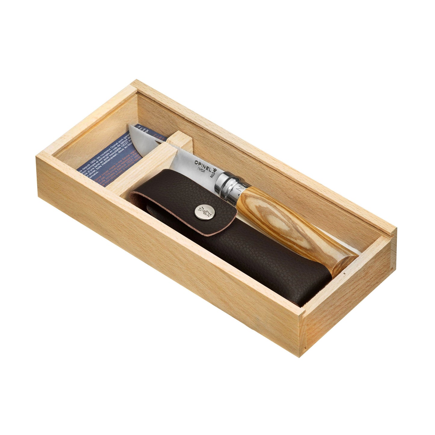 Opinel No. 8 Olive Wood Handle Stainless Folding Knife with Sheath