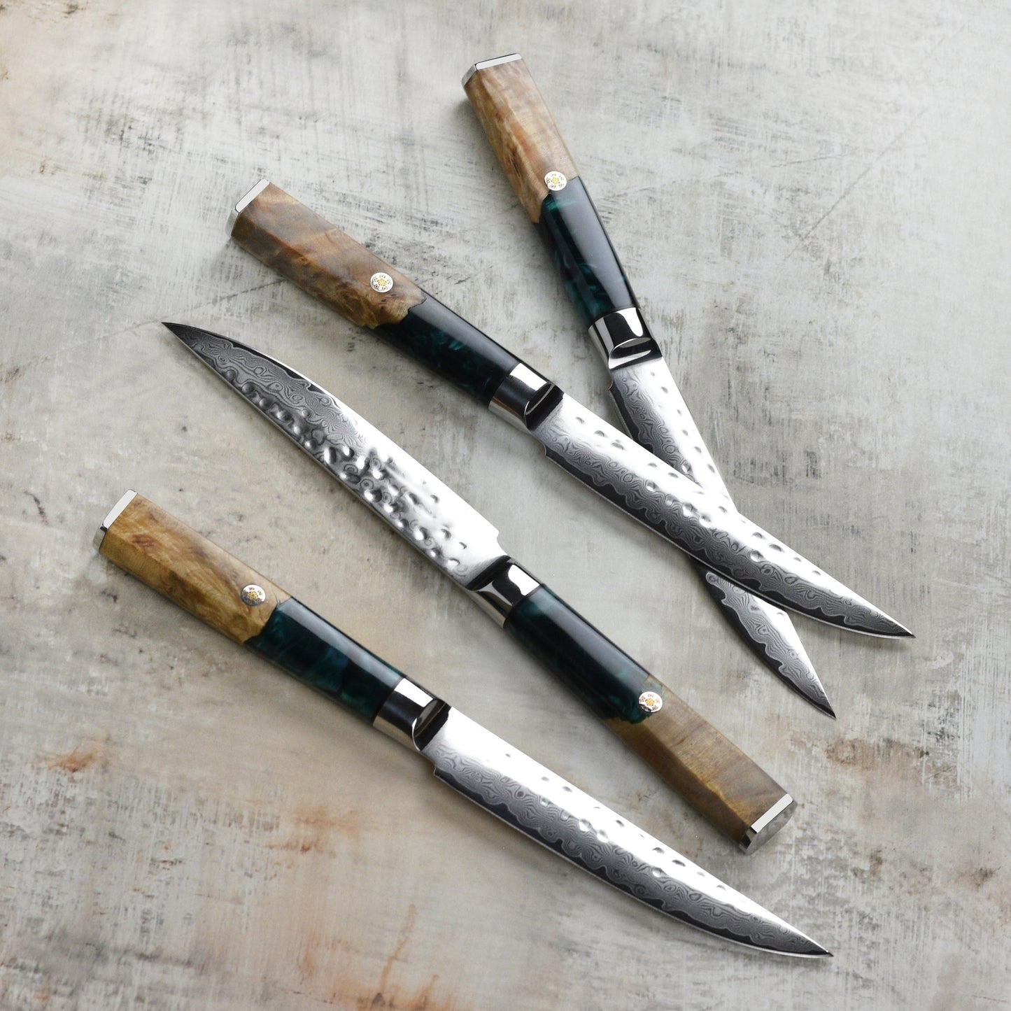 Nexus 4 Piece Damascus Steak Knife Set, Teal Resin & Stabilized Wood