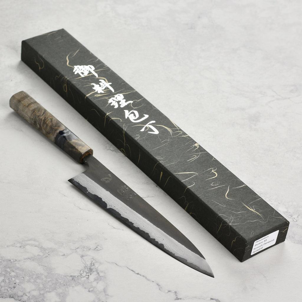 Hatsukokoro Shinkiro Aogami Super Kurouchi Damascus 8.25" Gyuto, Stabilized Birch
