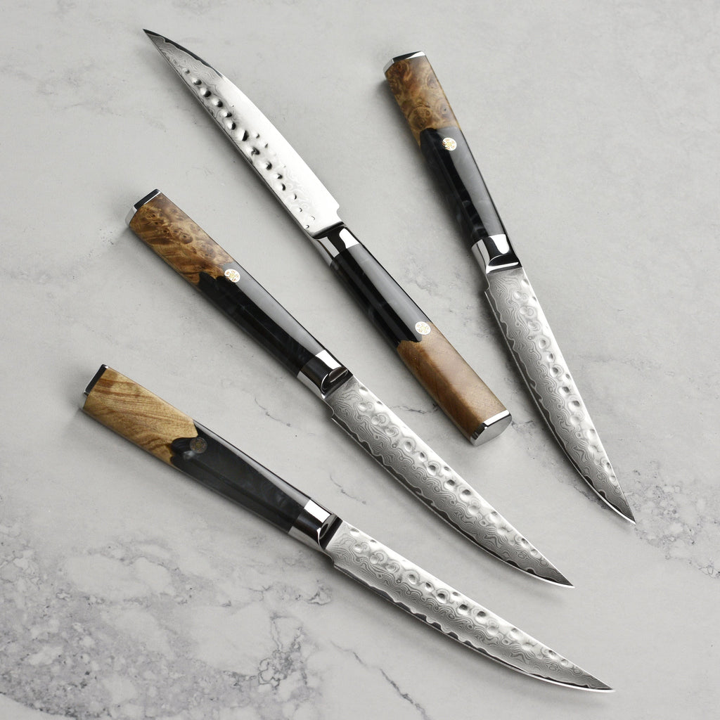 Nexus 4 Piece Damascus Steak Knife Set, Black Resin & Stabilized Wood