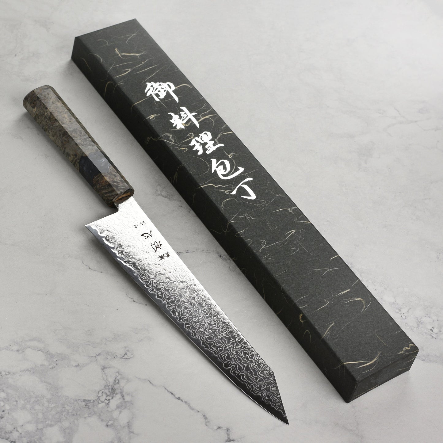 Hatsukokoro Ryuhyo SG2 Damascus 8.25" Kiritsuke Gyuto, Stabilized Birch