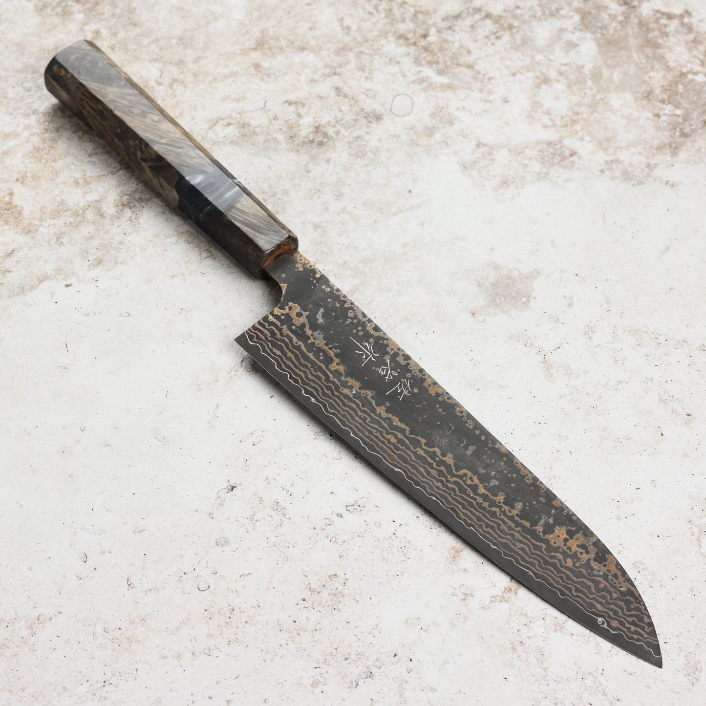 Saji Black Gold Damascus 8.25" Gyuto, Stabilized Birch