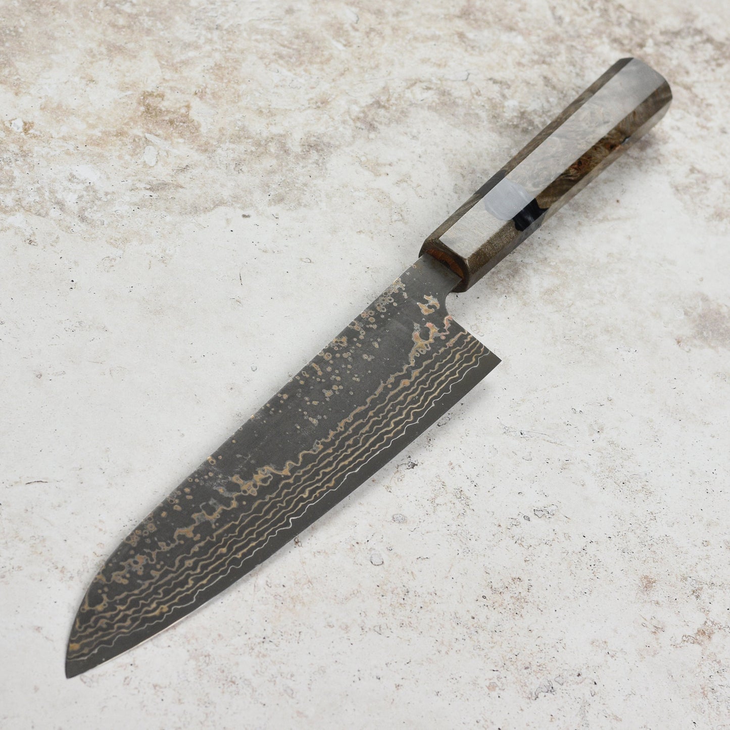 Saji Black Gold Damascus 8.25" Gyuto, Stabilized Birch