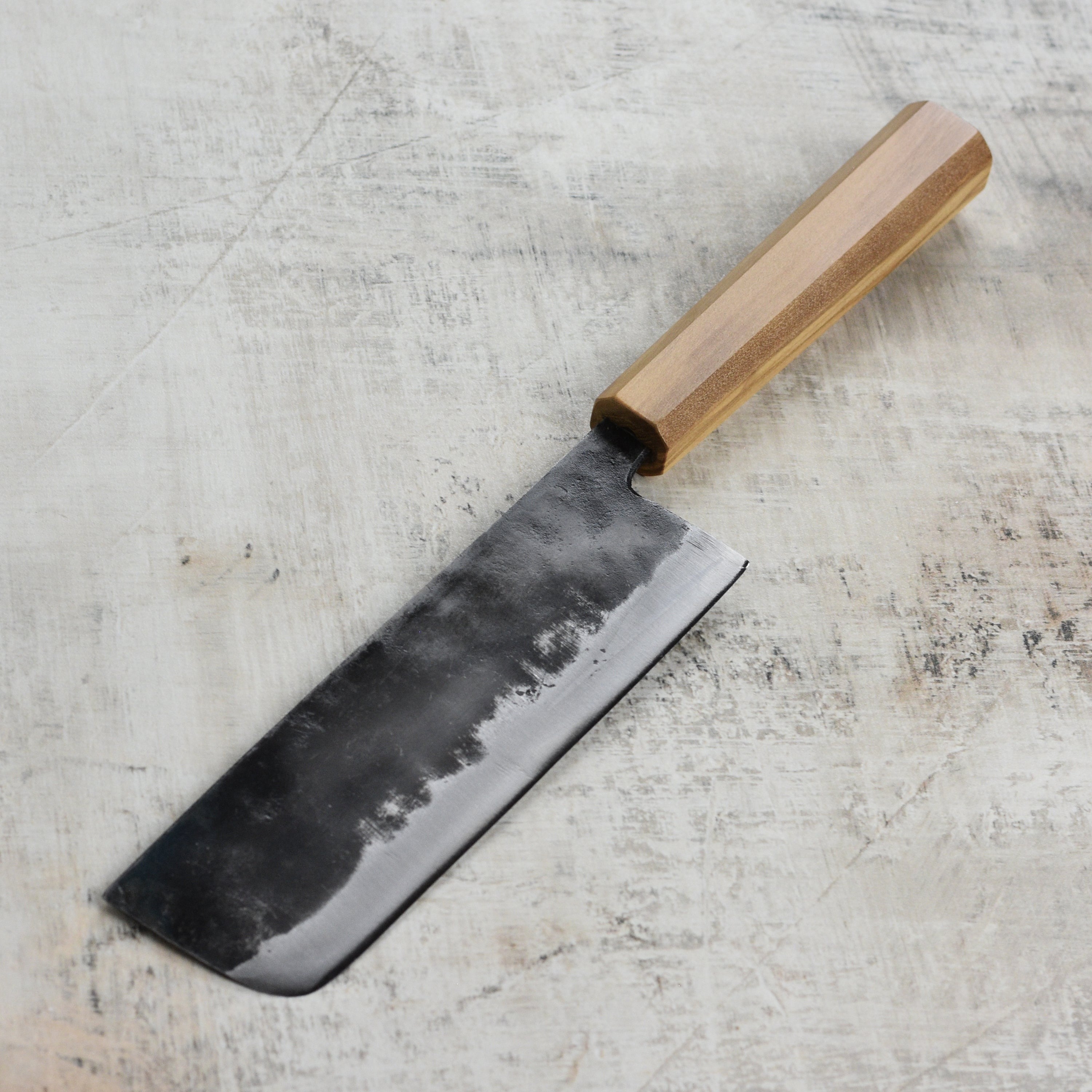 Hatsukokoro Kurogane Aogami #2 Kurouchi 6.5" Nakiri, Olivewood
