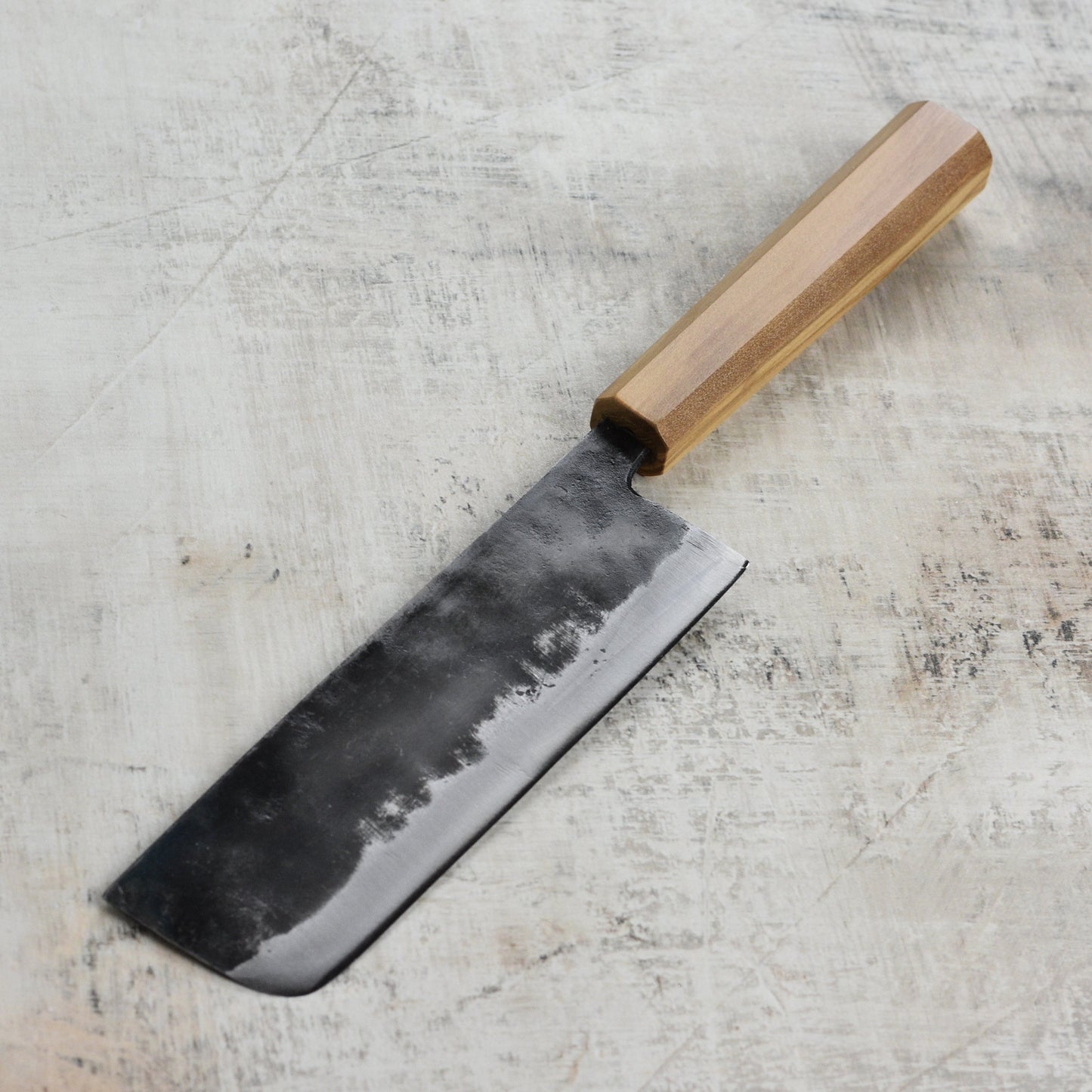 Hatsukokoro Kurogane Aogami #2 Kurouchi 6.5" Nakiri, Olivewood