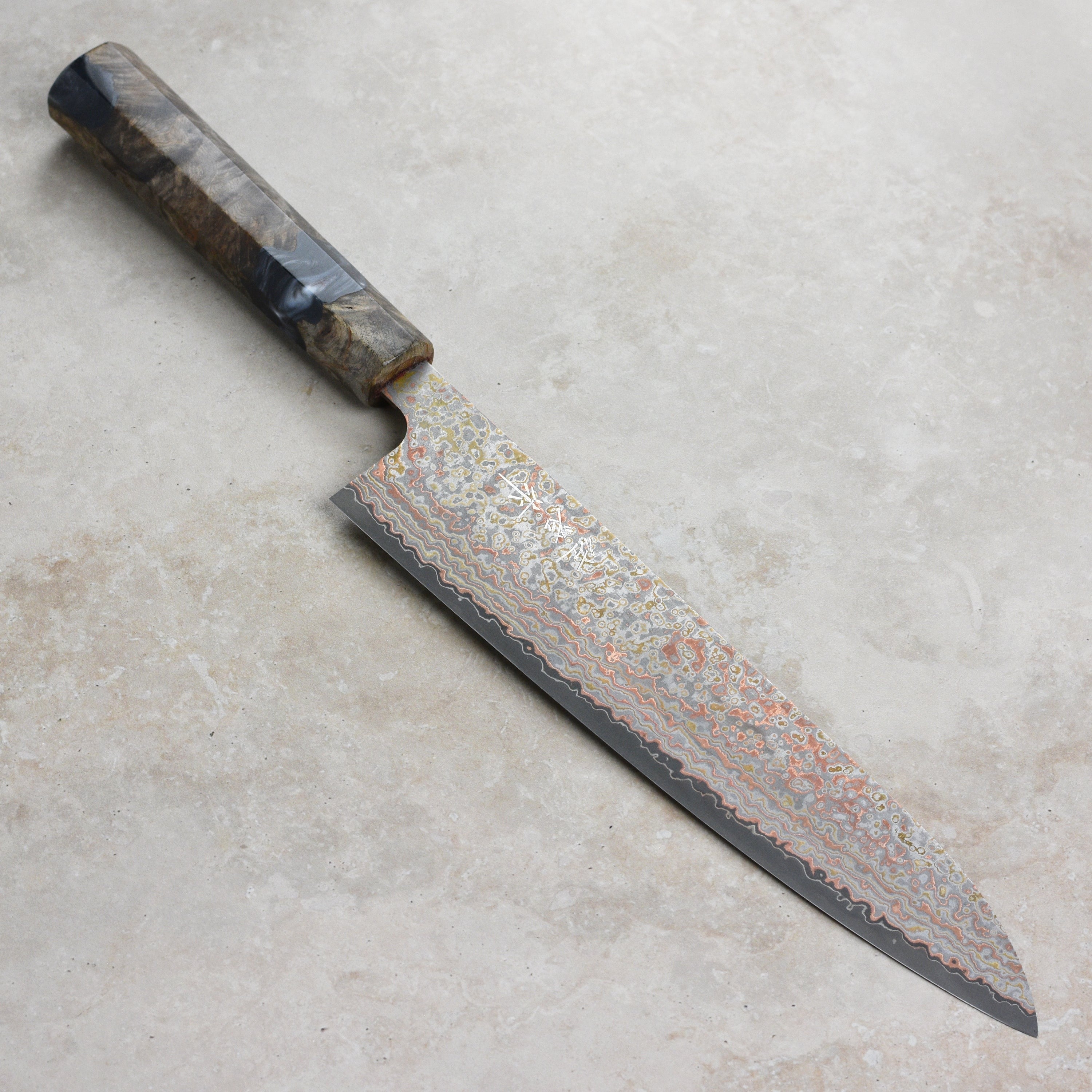 Saji Rainbow Damascus Nashiji 9.4" Gyuto, Stabilized Birch