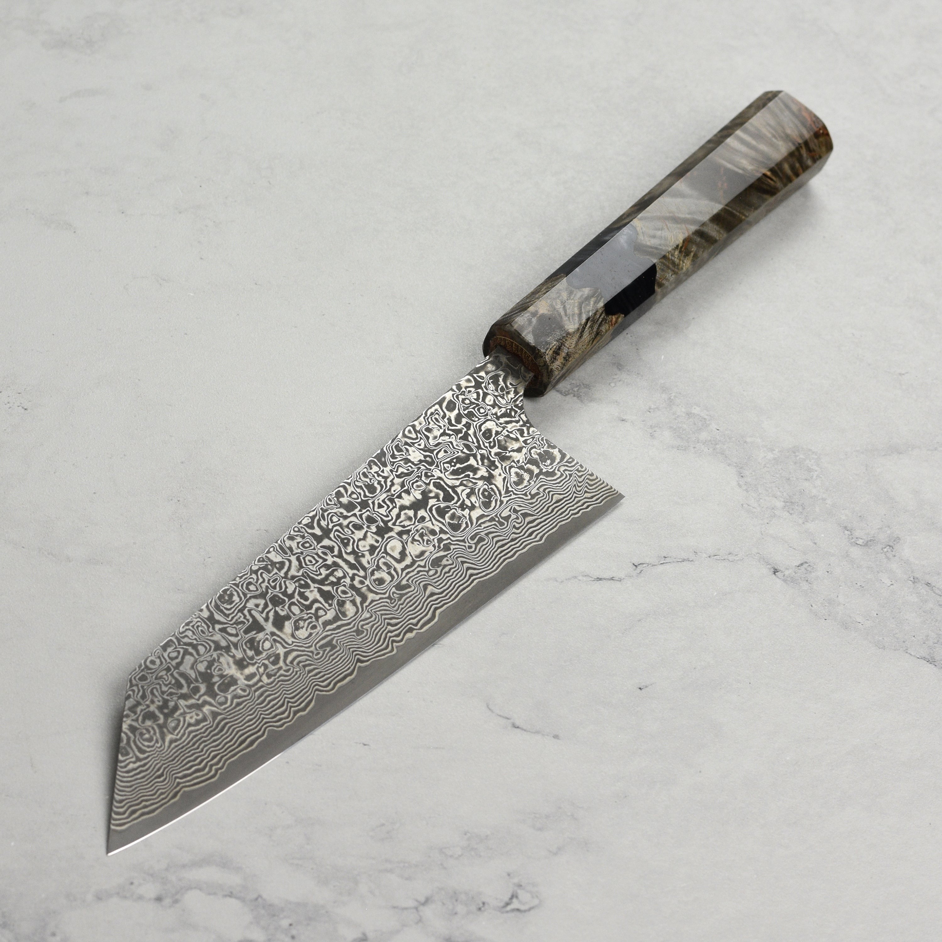 Saji SG2 Black Damascus 6.7" Bunka, Stabilized Birch