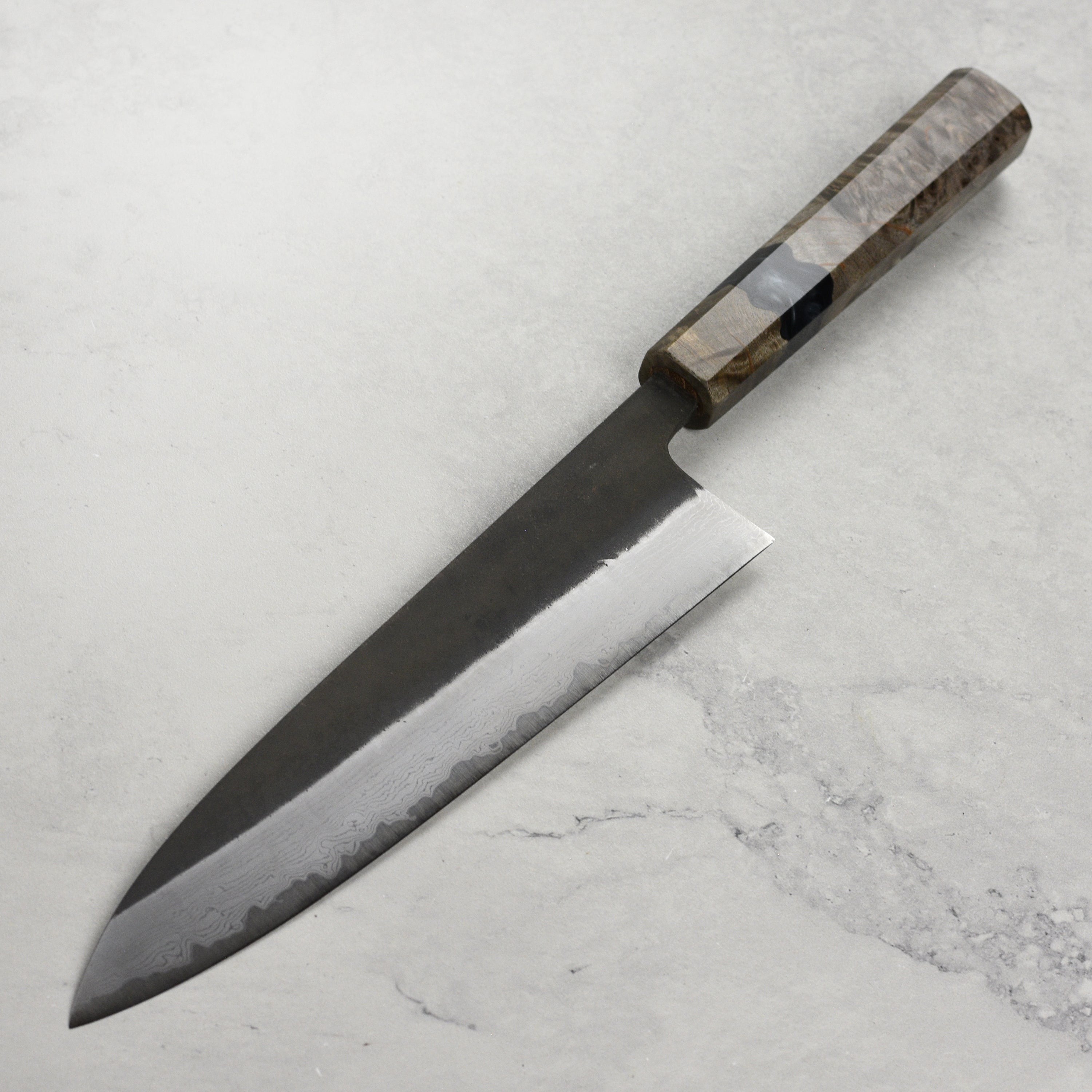 Hatsukokoro Shinkiro Aogami Super Kurouchi Damascus 8.25" Gyuto, Stabilized Birch