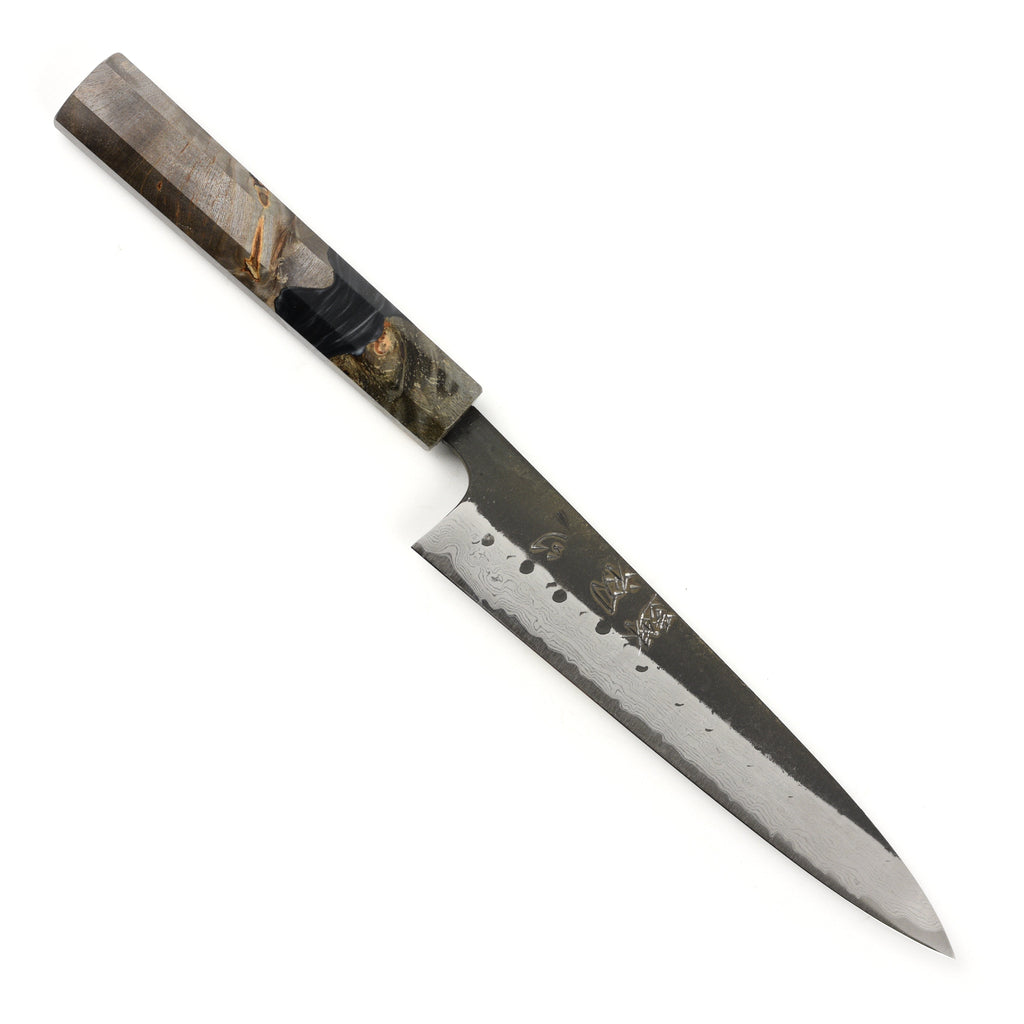 Hatsukokoro Shinkiro Aogami Super Kurouchi Damascus 5.9" Petty, Stabilized Birch