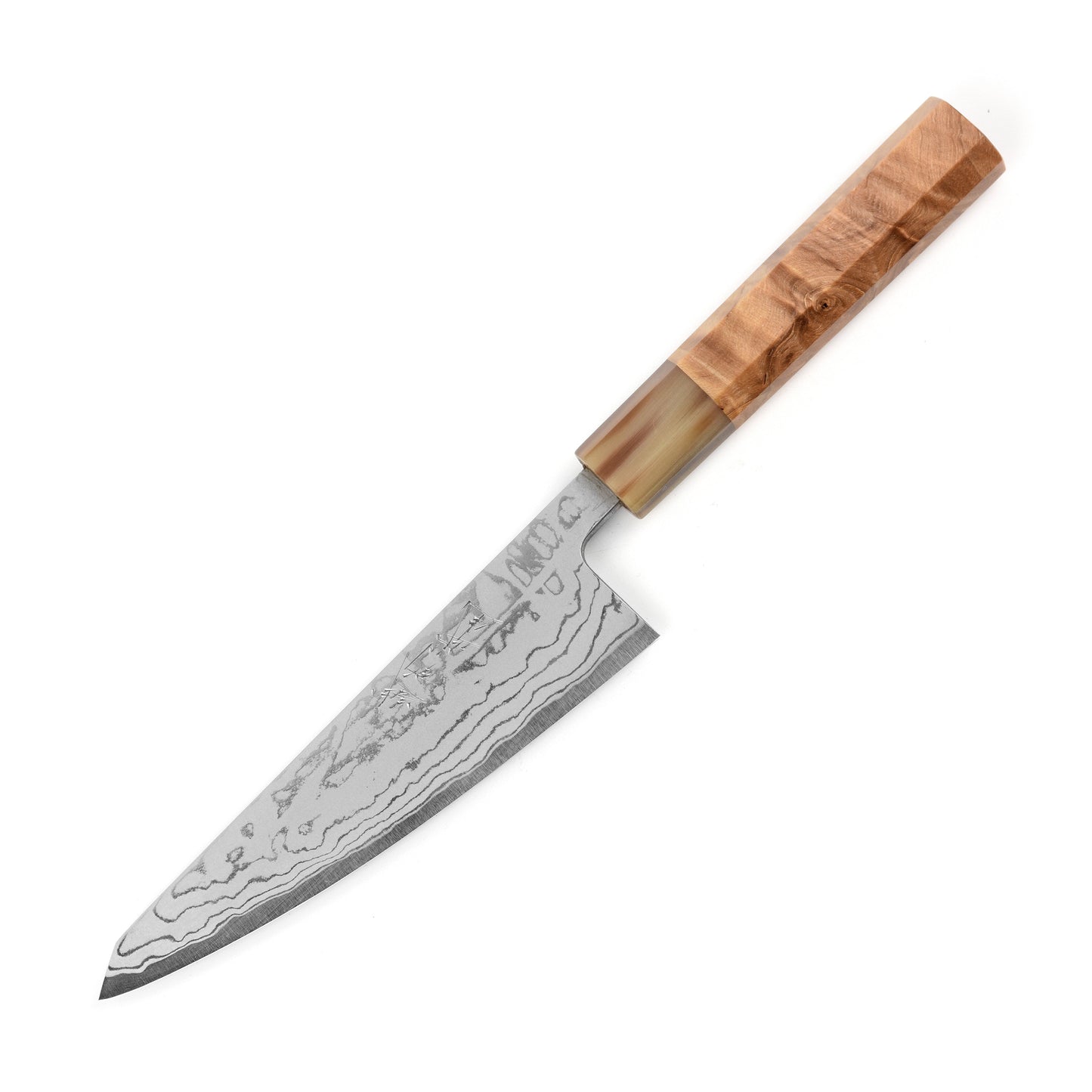 Shiro Kamo Shirogami #2 Damascus 5.9" Kiritsuke Petty