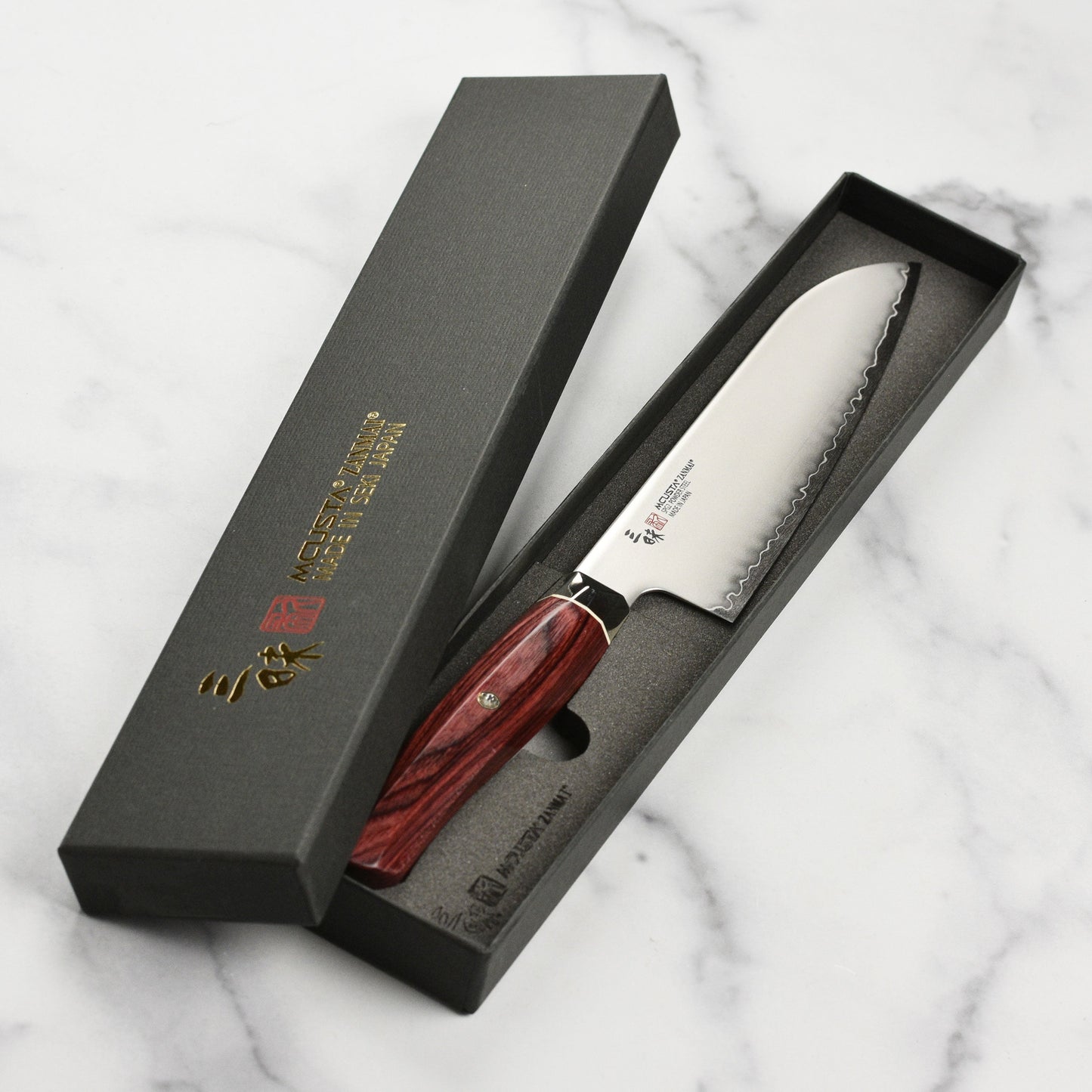 Zanmai Revolution SG2 7" Santoku Knife with Red Pakkawood Handle