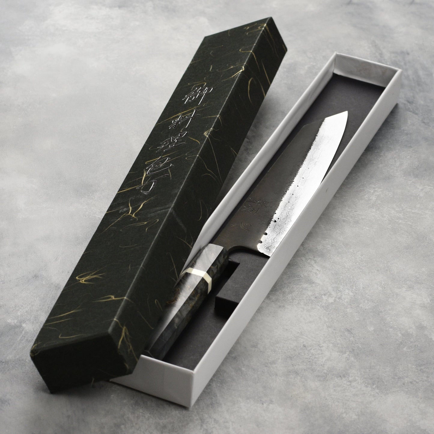 Hatsukokoro Shinkiro Aogami Super Kurouchi Damascus 8.25" Kiritsuke, Stabilized Birch