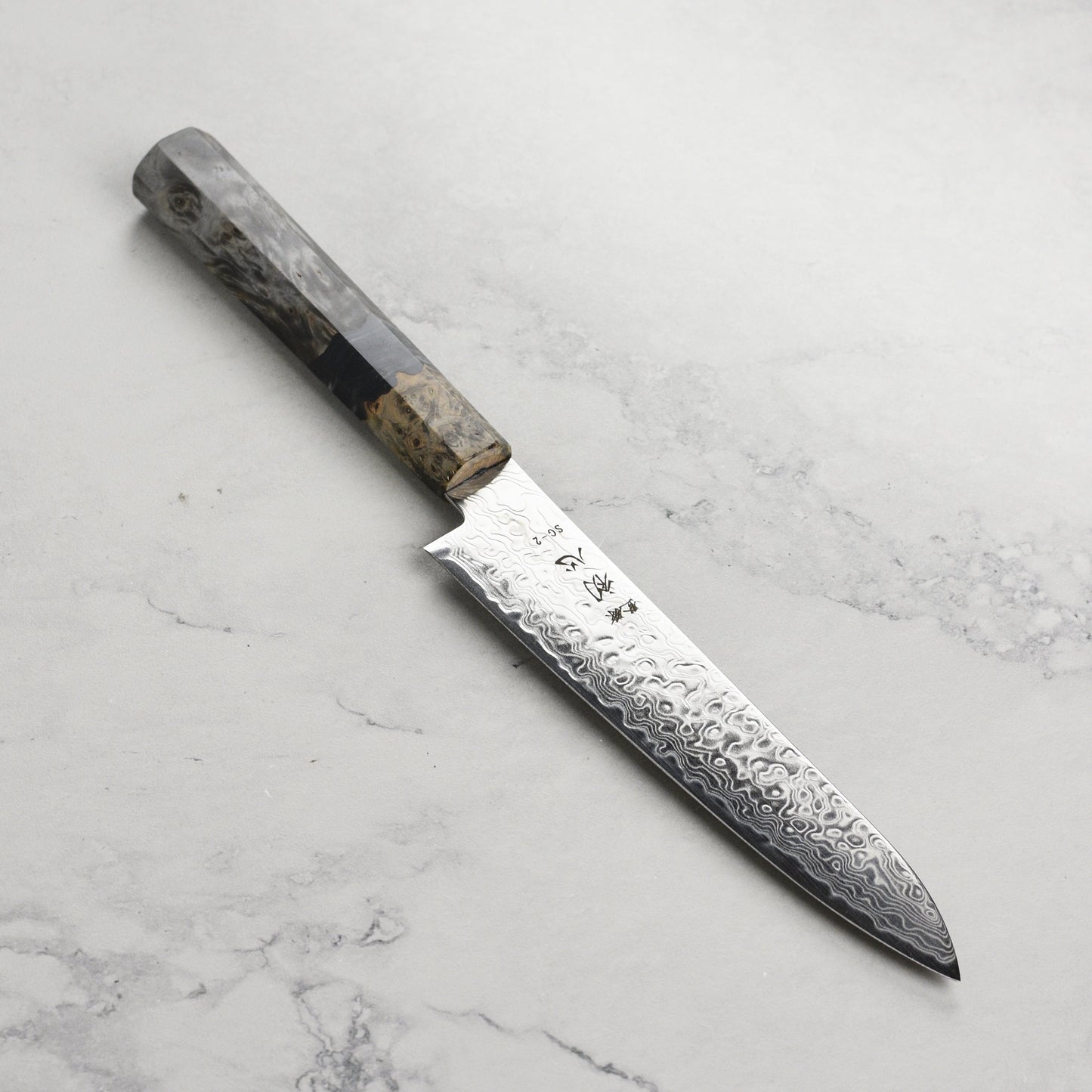 Hatsukokoro Ryuhyo SG2 Damascus 5.9" Petty, Stabilized Birch