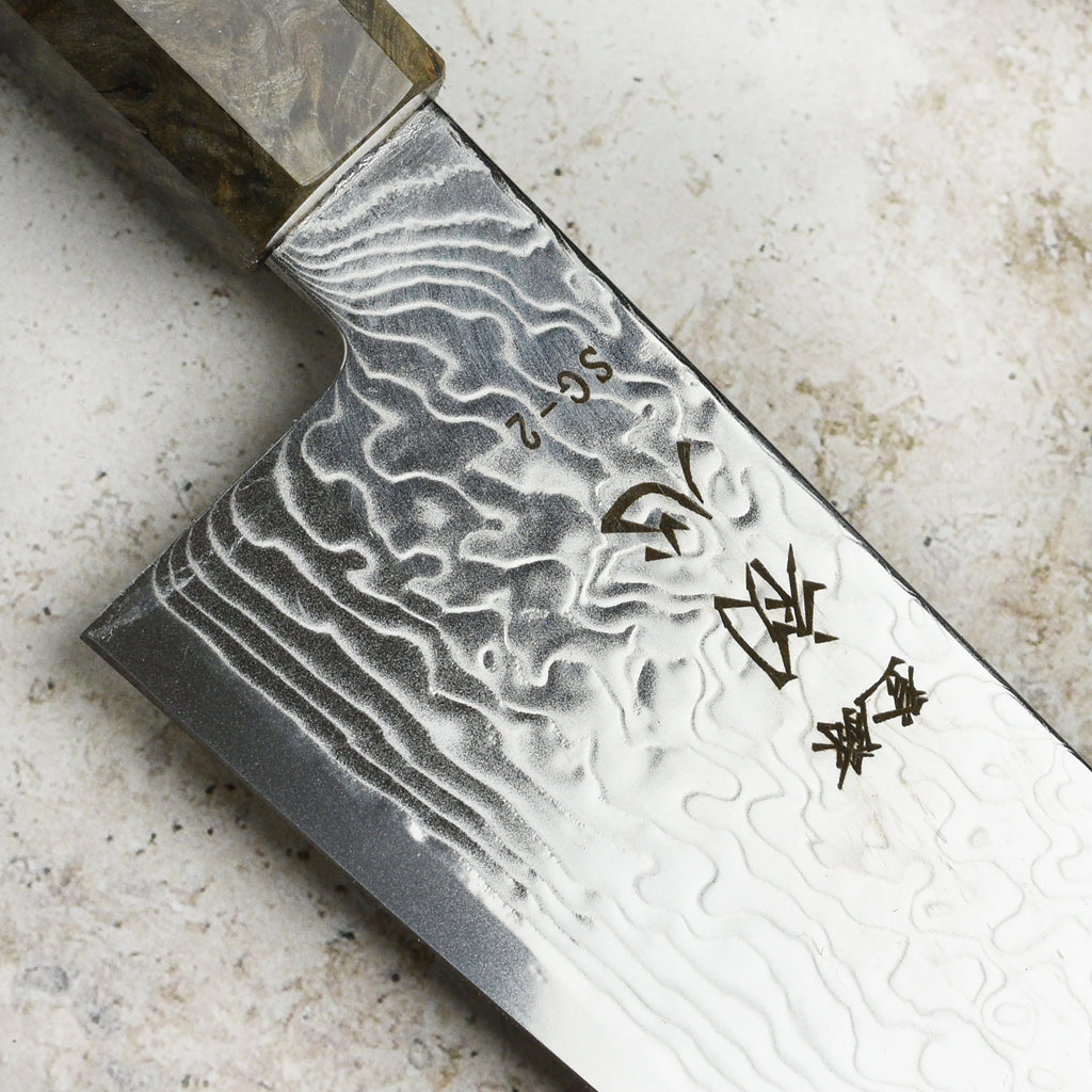 Hatsukokoro Ryuhyo SG2 Damascus 7" Bunka, Stabilized Birch