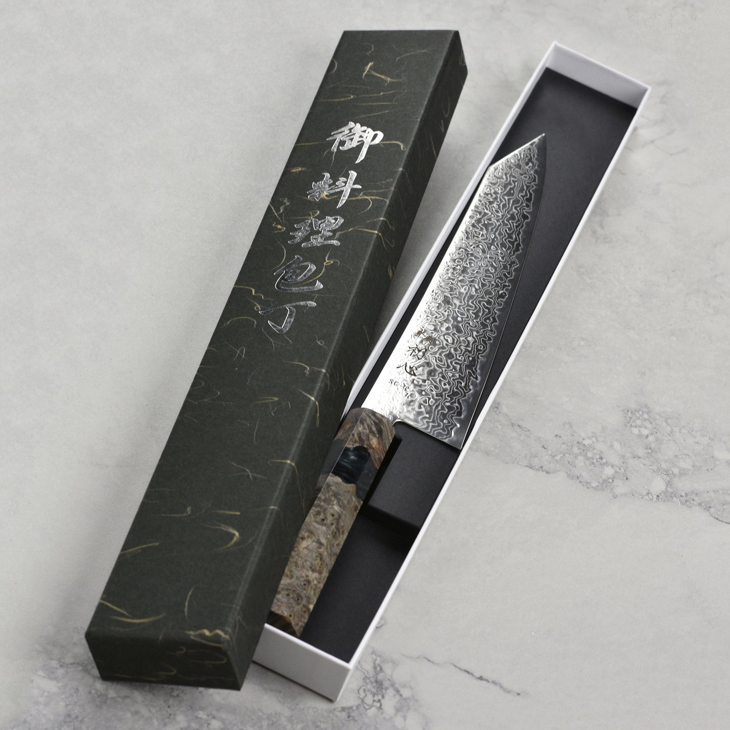 Hatsukokoro Ryuhyo SG2 Damascus 8.25" Kiritsuke Gyuto, Stabilized Birch