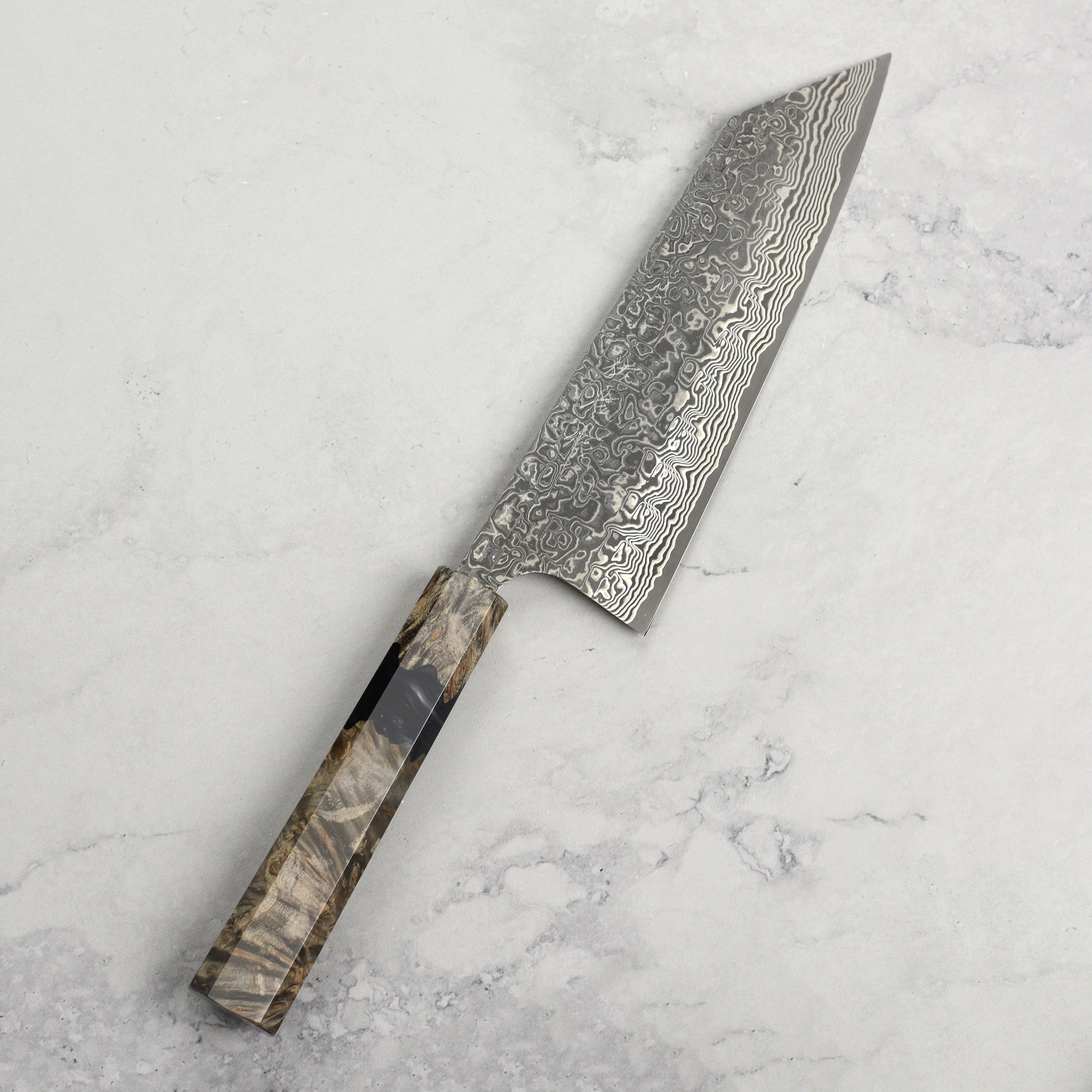 Saji SG2 Black Damascus 6.7" Bunka, Stabilized Birch