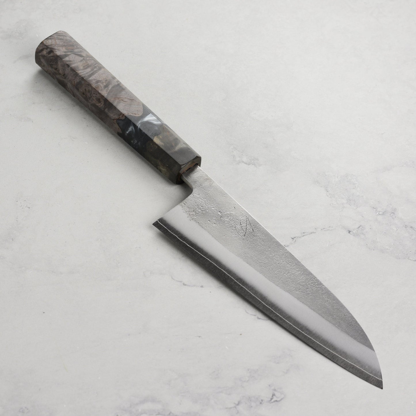 Yoshikane SKD Nashiji Stainless Clad 6.5" Santoku, Stabilized Birch