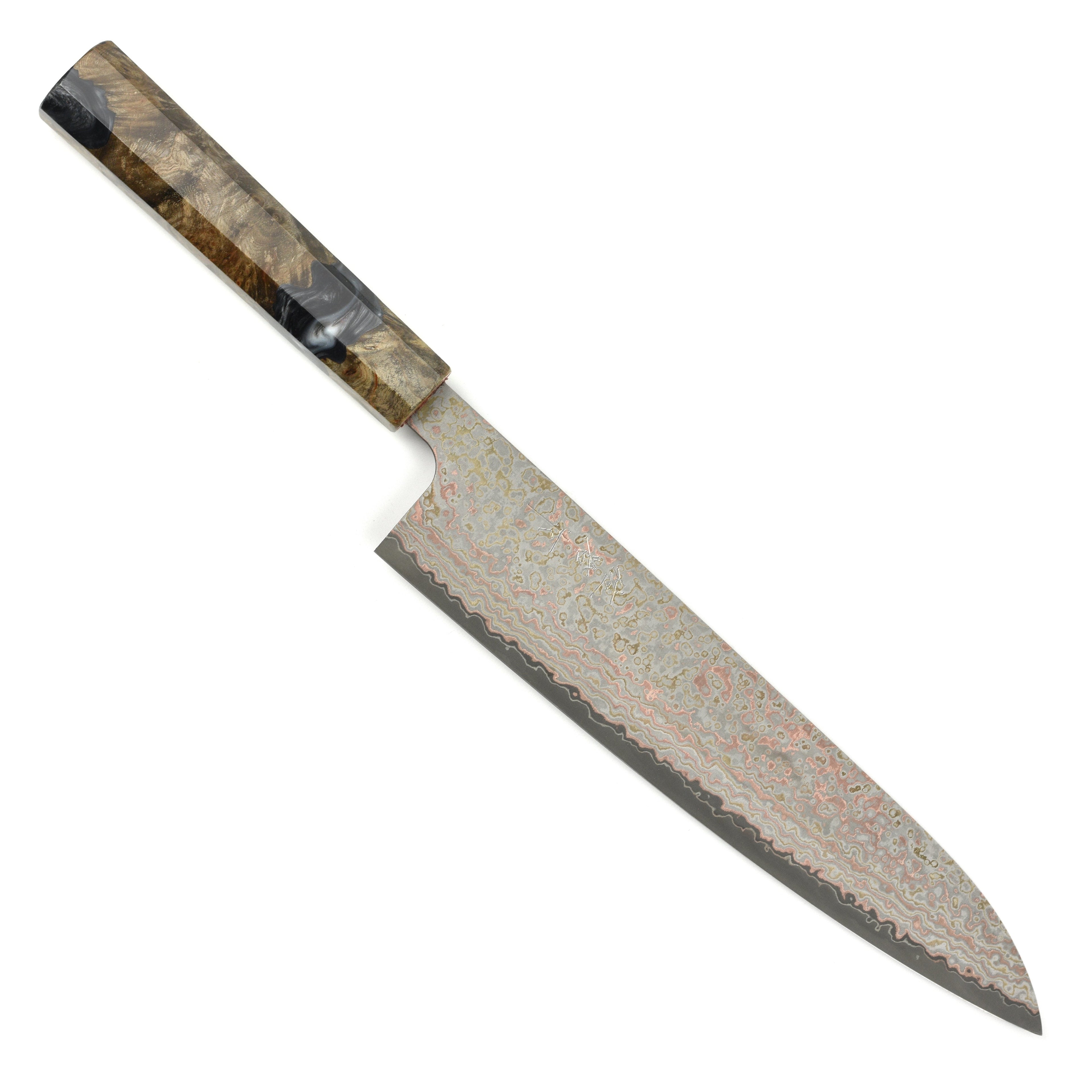 Saji Rainbow Damascus Nashiji 9.4" Gyuto, Stabilized Birch