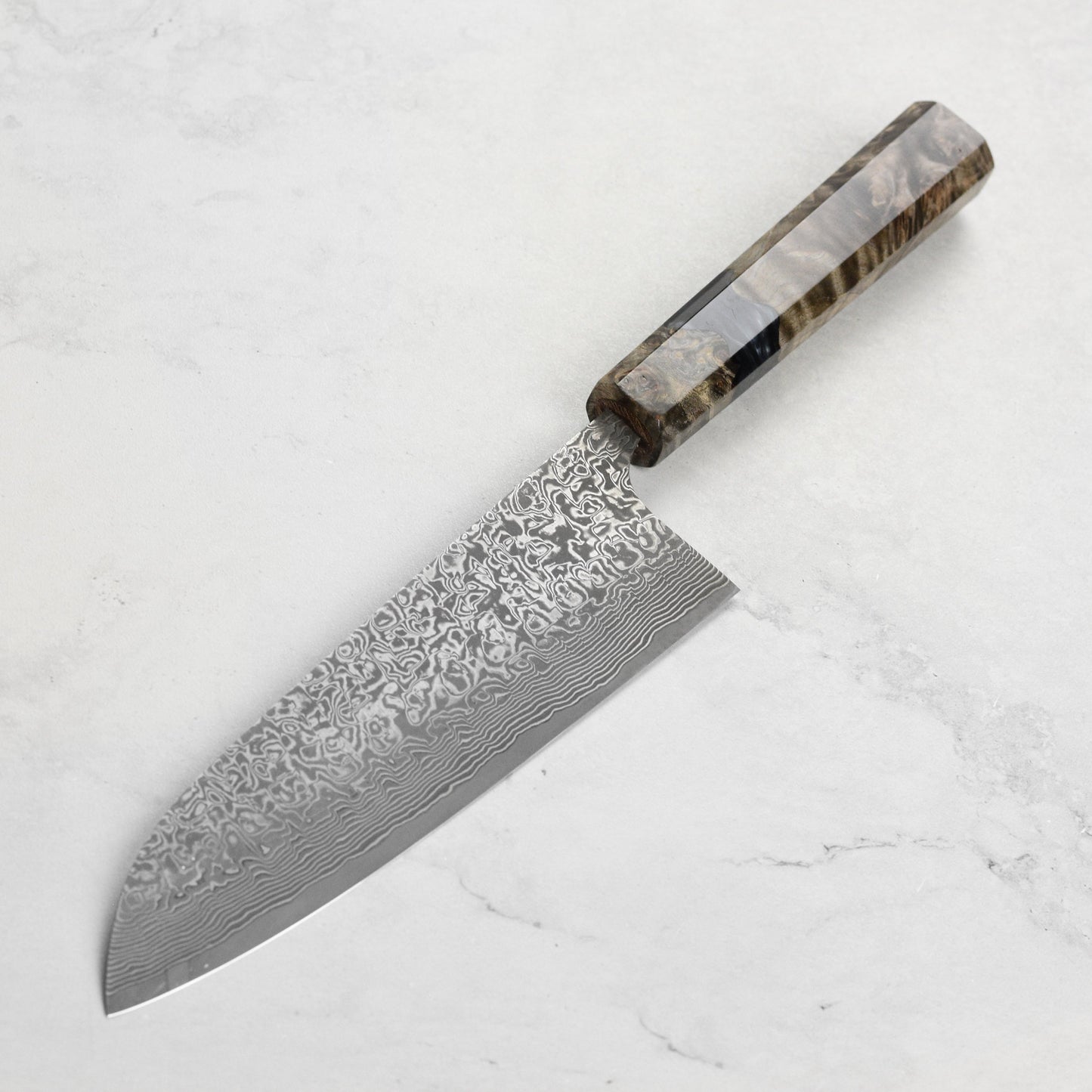 Saji SG2 Black Damascus 7" Santoku, Stabilized Birch