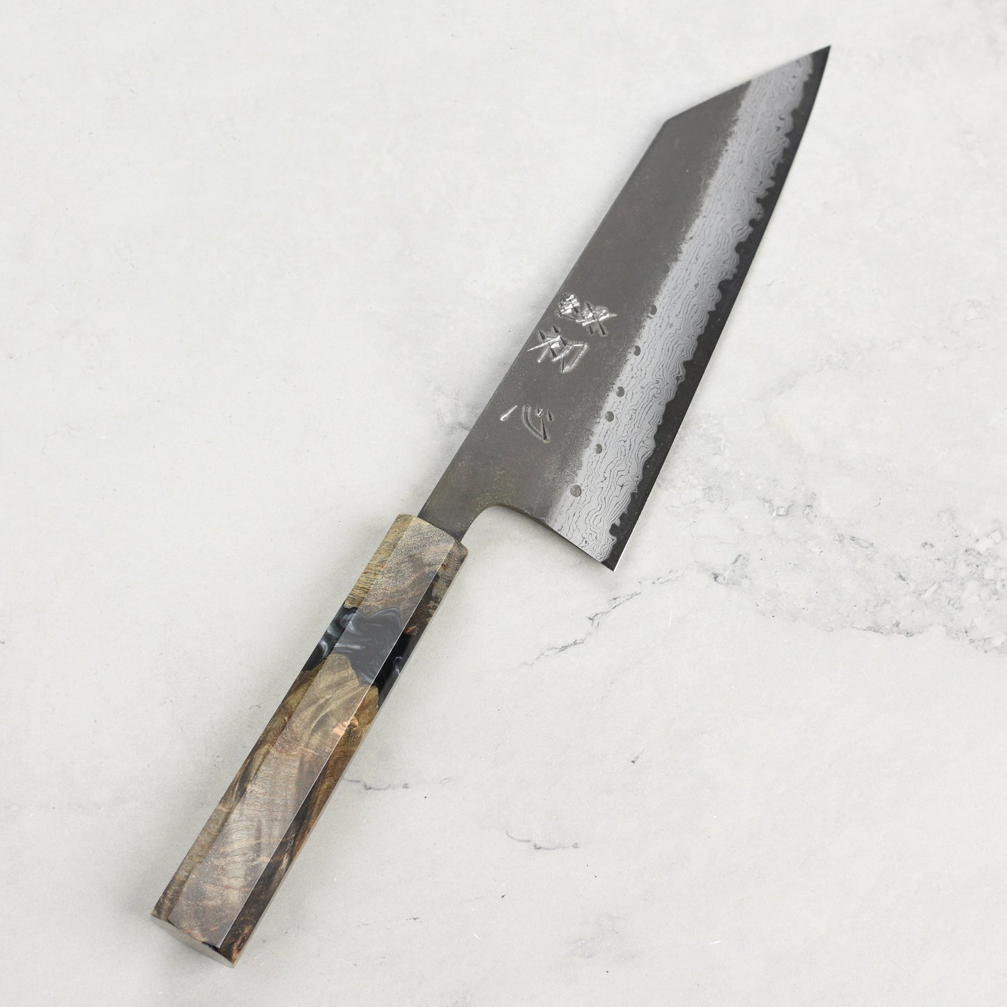 Hatsukokoro Shinkiro Aogami Super Kurouchi Damascus 6.5" Bunka, Stabilized Birch