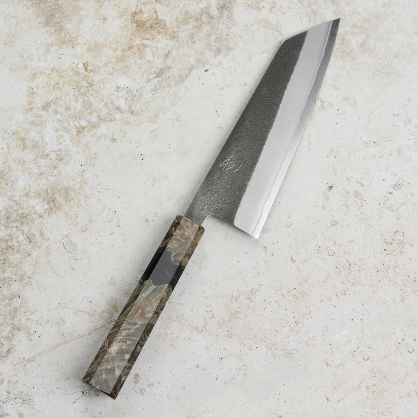 Yoshikane Shirogami #2 Kurouchi Stainless Clad 6.5" Bunka, Stabilized Birch