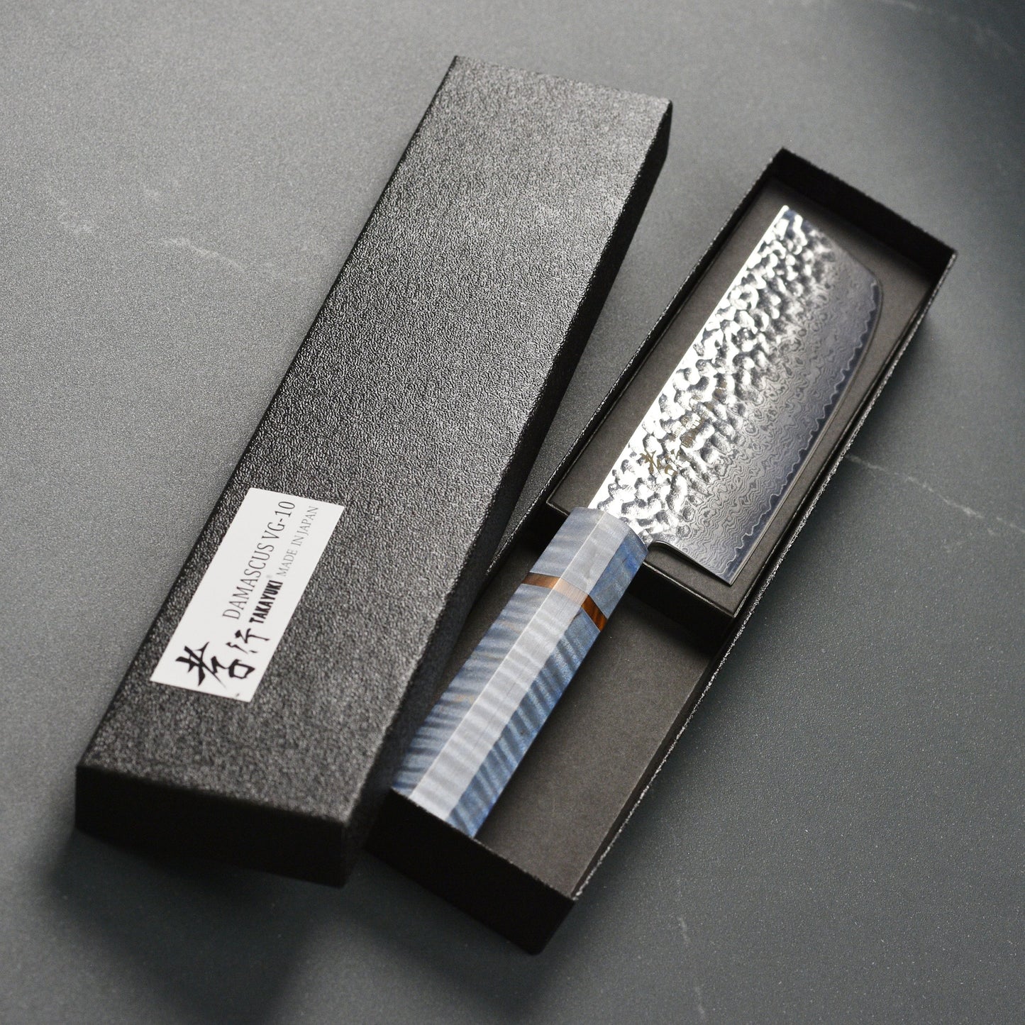Takayuki Tsuchime Damascus 6.7" Nakiri, Blue Stabilized Handle
