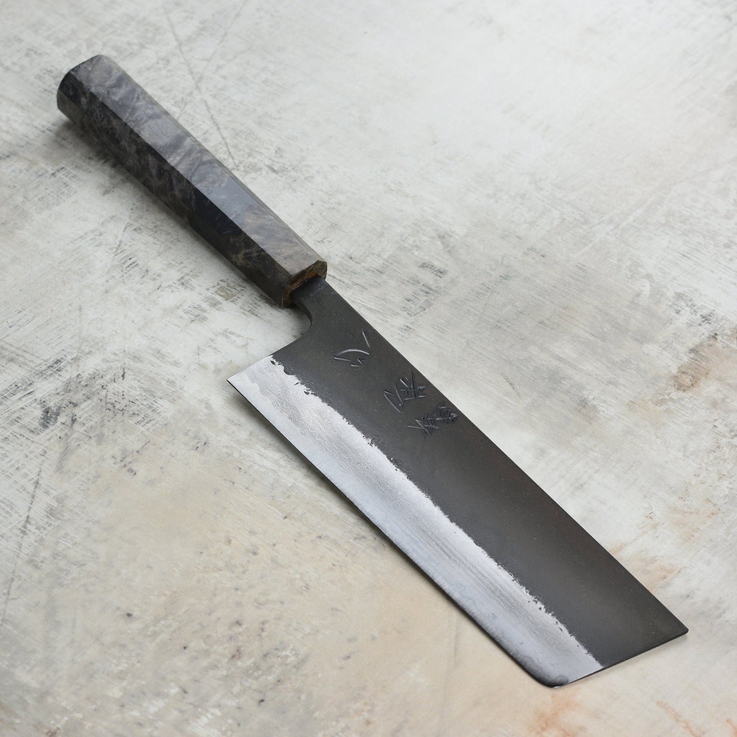 Hatsukokoro Shinkiro Aogami Super Kurouchi Damascus 6.5" Nakiri, Stabilized Birch