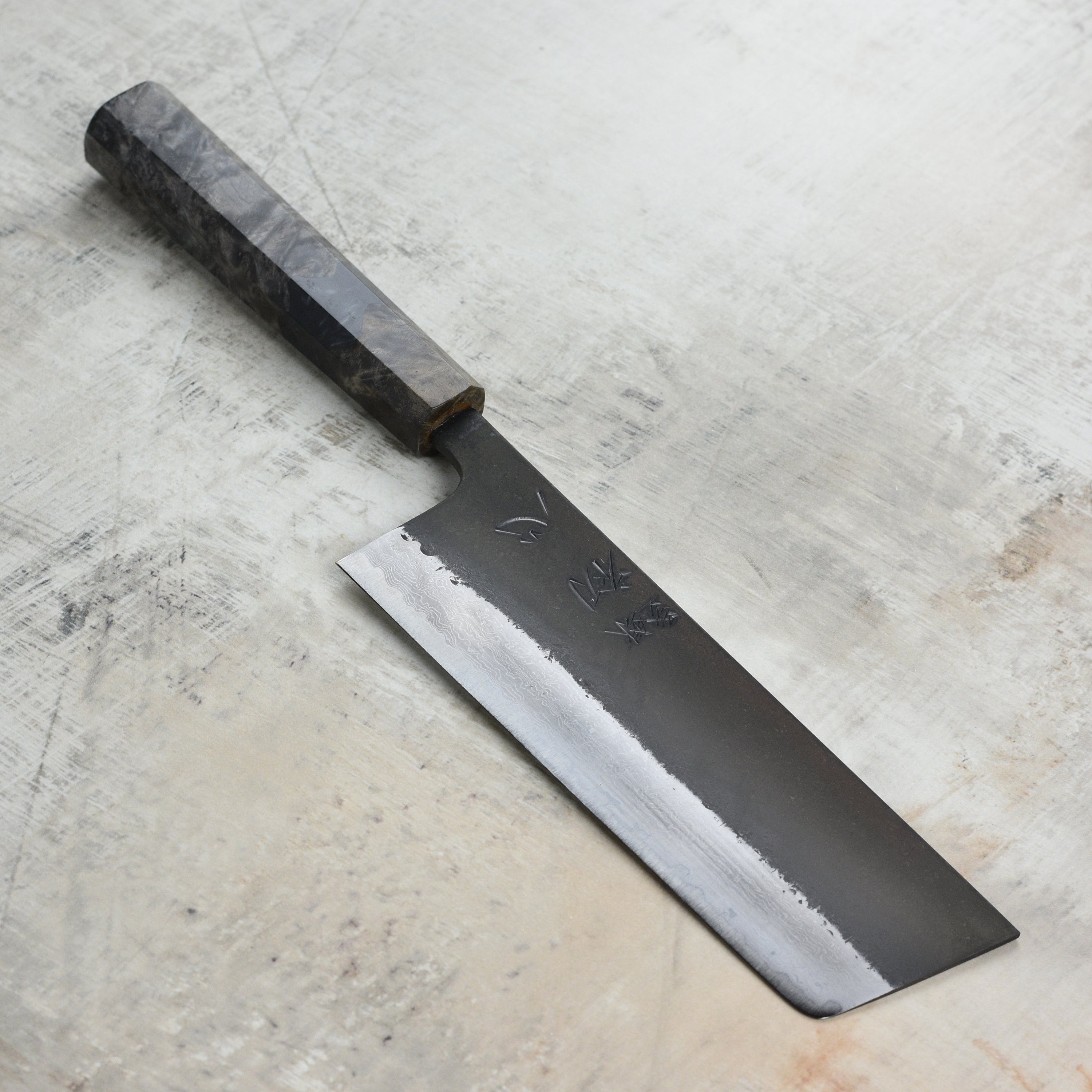Hatsukokoro Shinkiro Aogami Super Kurouchi Damascus 6.5" Nakiri, Stabilized Birch