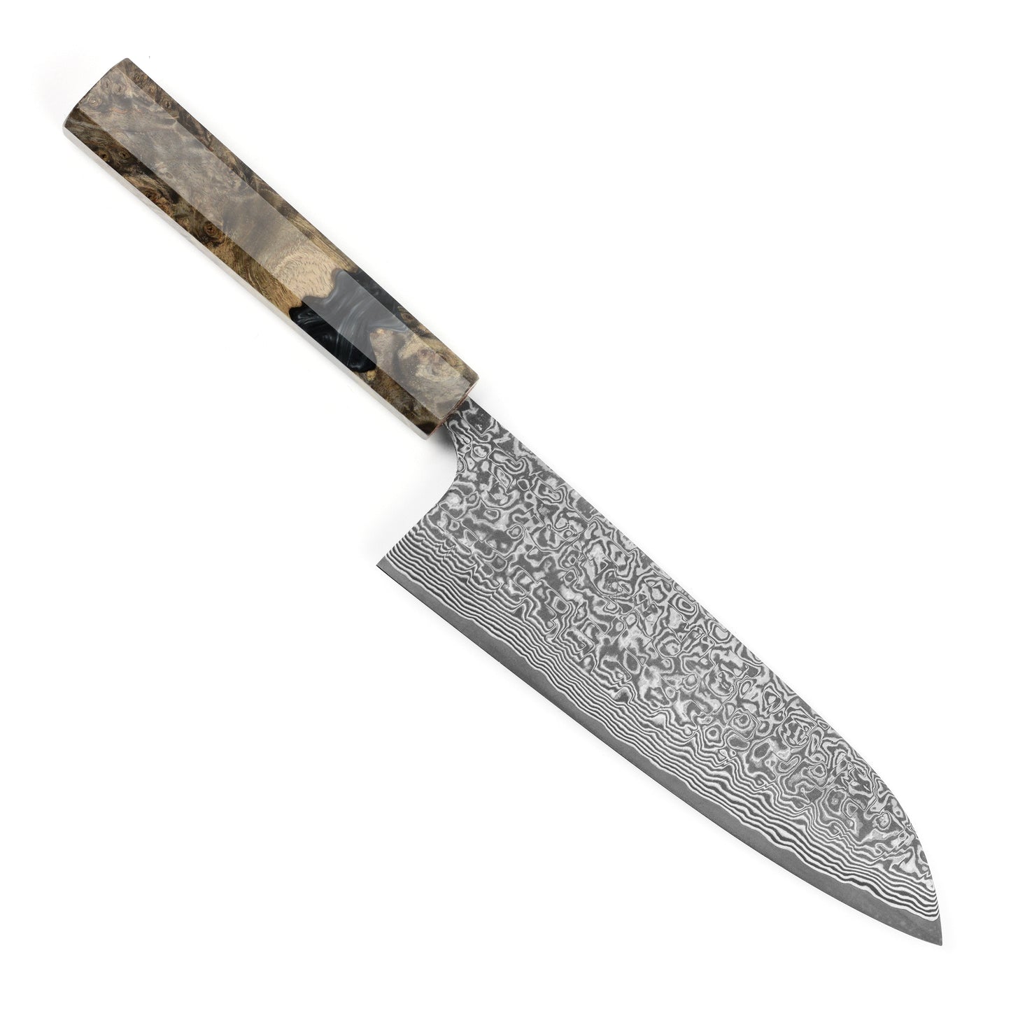 Saji SG2 Black Damascus 7" Santoku, Stabilized Birch