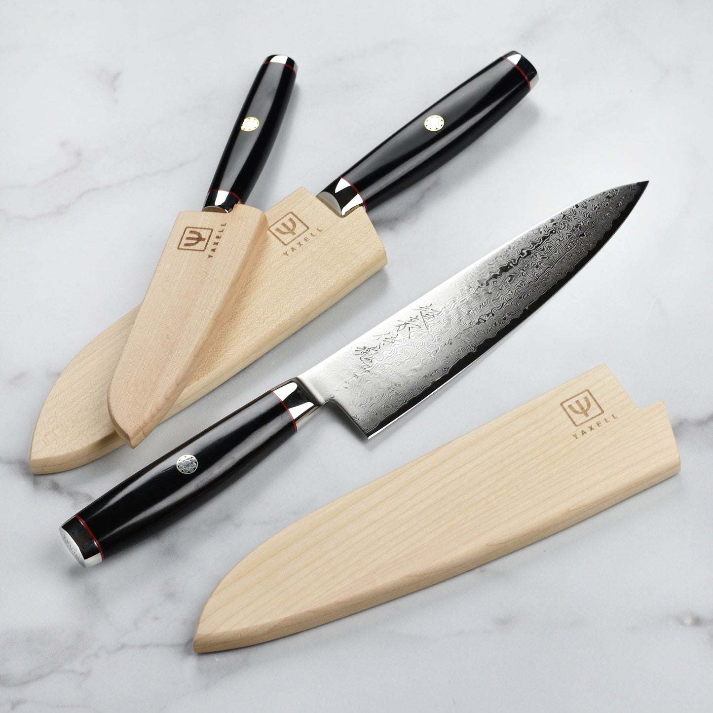 Yaxell Ypsilon SG2 3 Piece Knife Set with Japanese Katana Stand