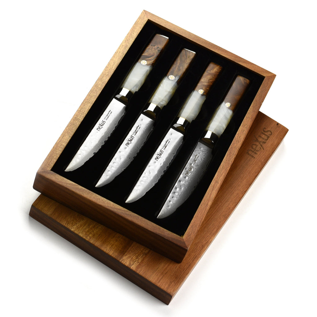 Nexus 4 Piece Damascus Steak Knife Set, White Resin & Stabilized Wood